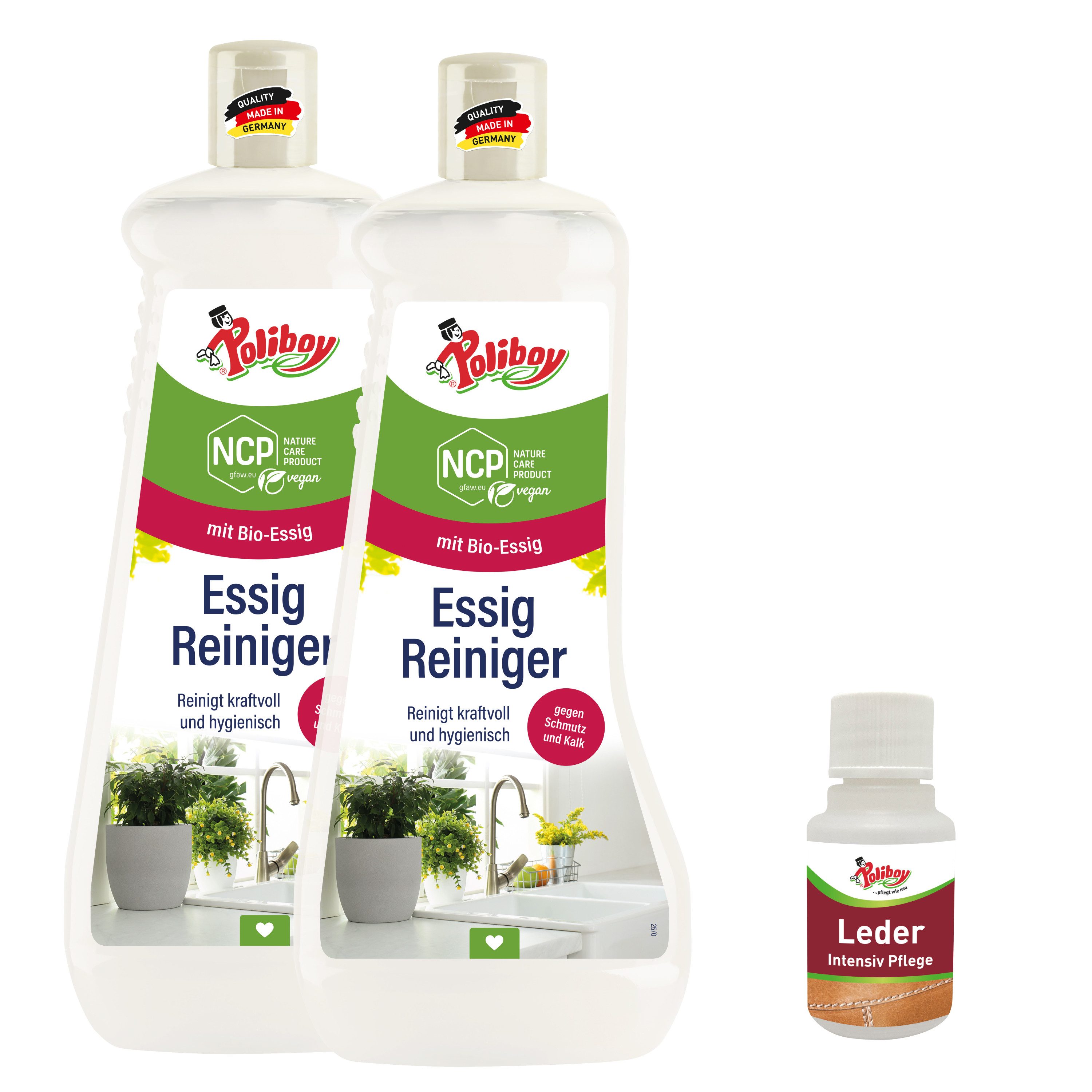 poliboy NCP Reiniger 2er Set - je 1 Liter - mit Leder Probe - gegen Kalk Essigreiniger (für Armaturen und andere säureresistente Oberflächen - Made in Germany)