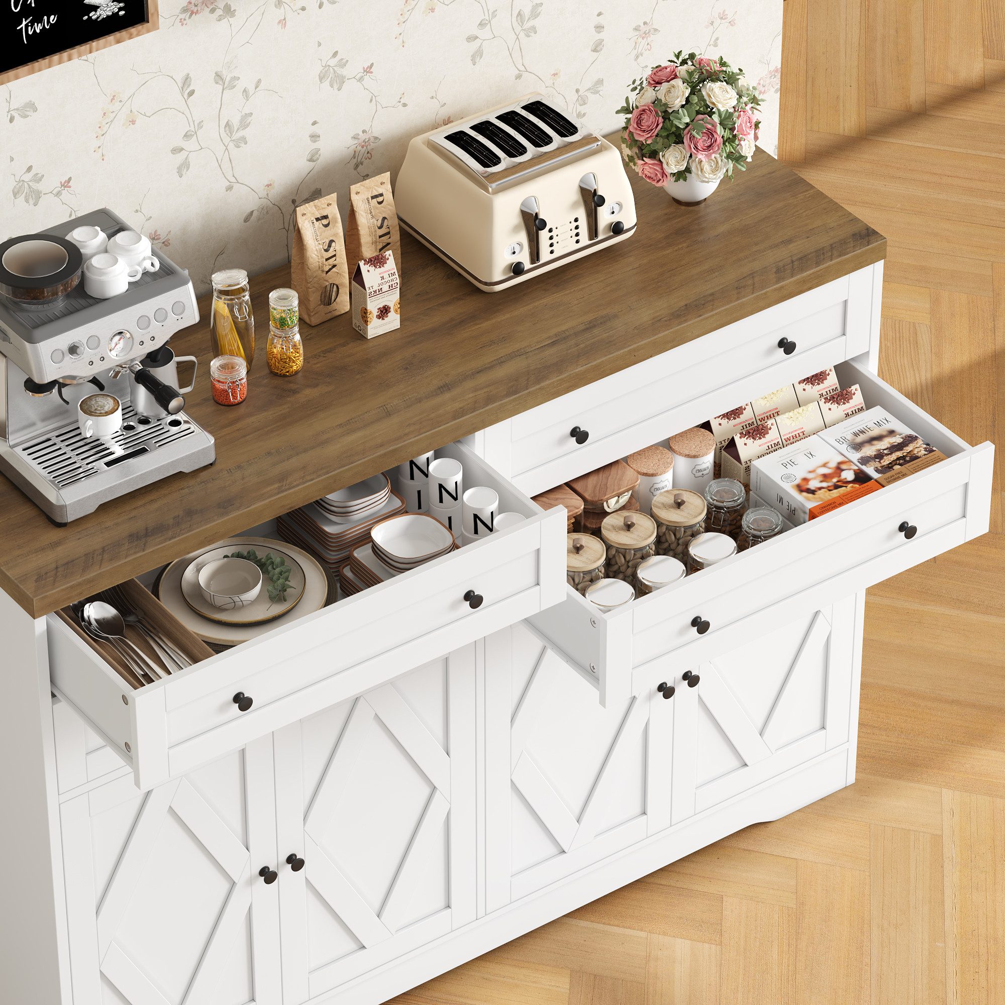 HOMECHO Sideboard, 132,7 cm Breit Küchenschrank mit 4 Schubladen 4 Türen
