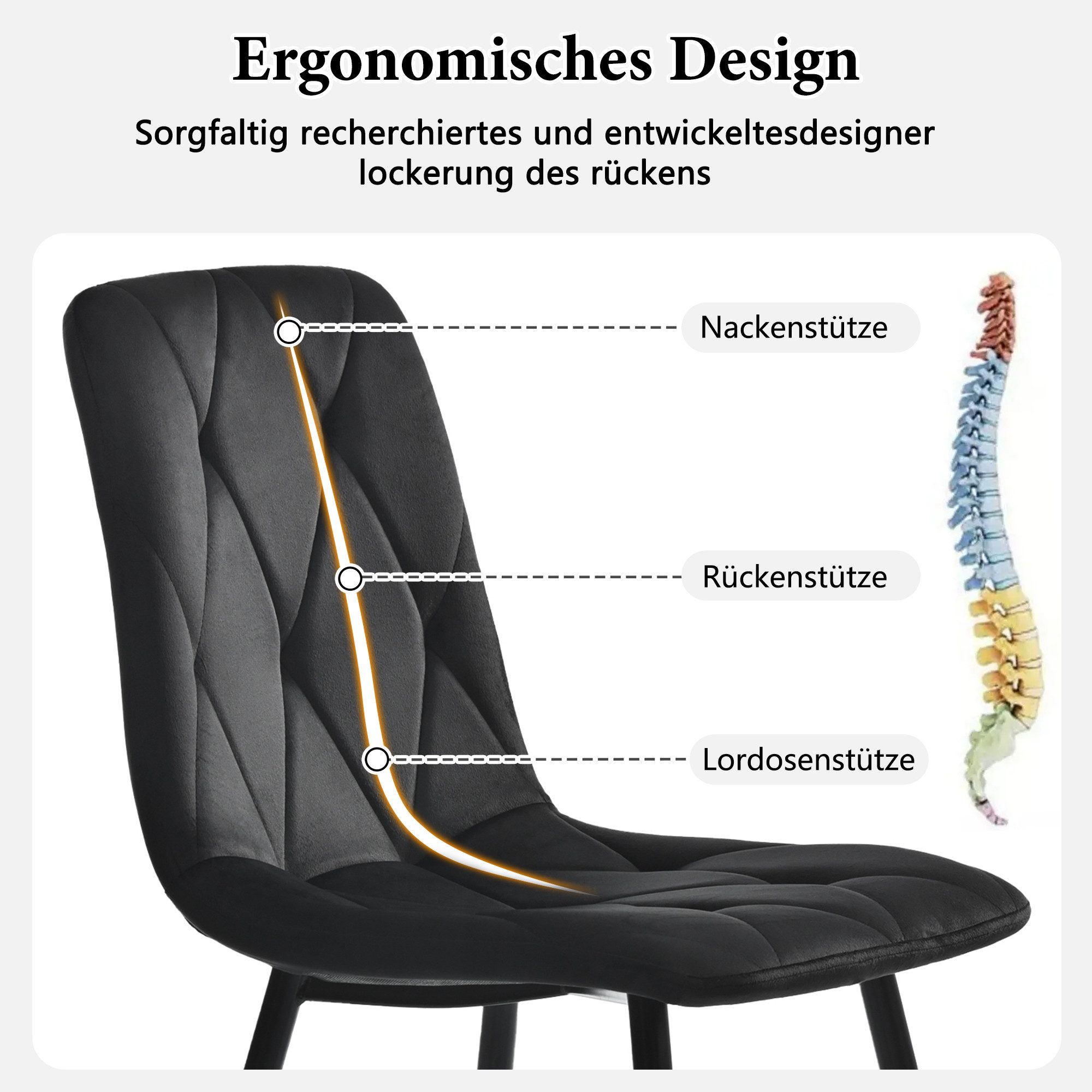 i@home Essgruppe rundes Esstisch aus Marmor mit 4 Samtstühle, grau/schwarz/grün, (5-teilig), Tischbeine aus schwarzem Metall – Bild 3 von 5