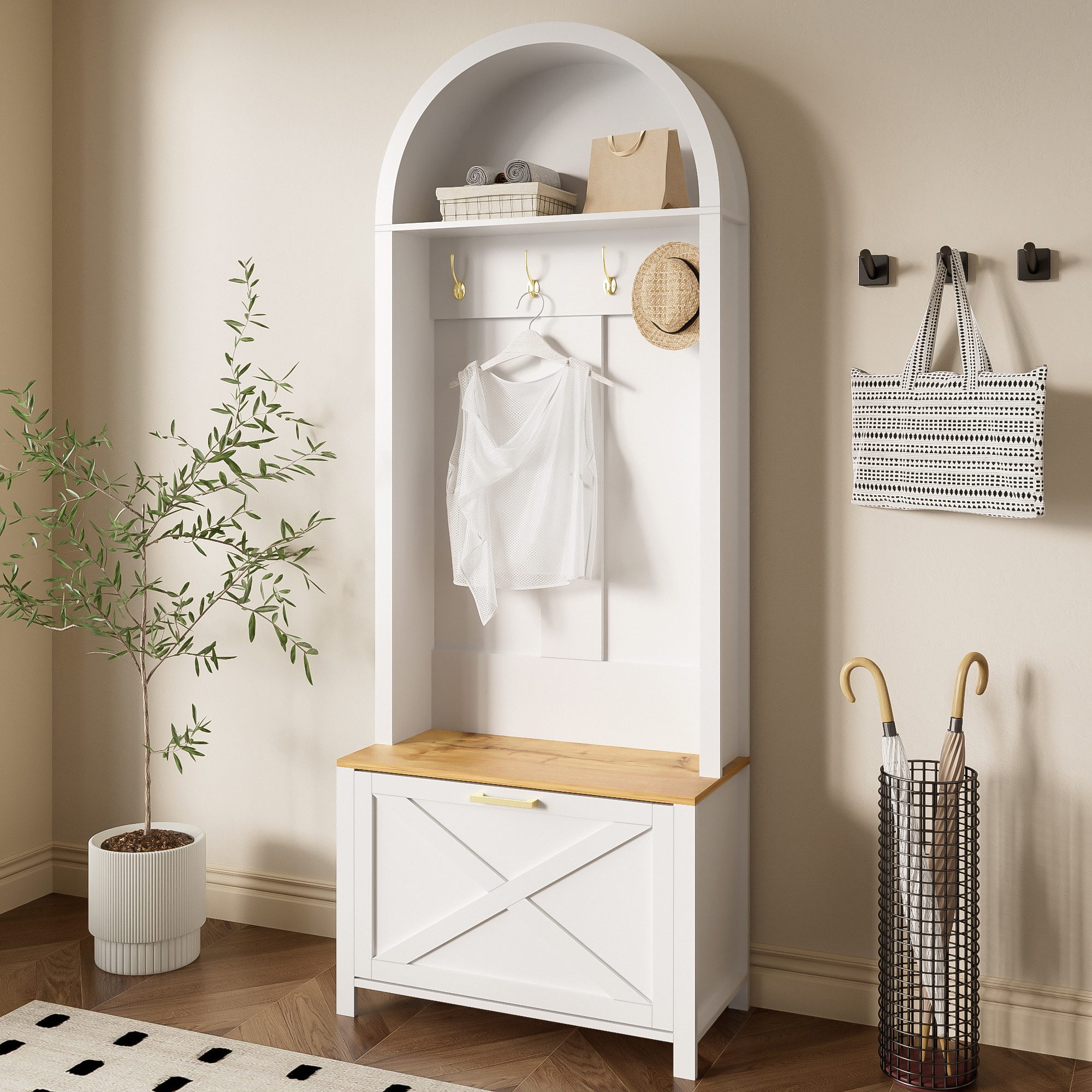 Merax Garderoben-Set mit Schuhregal, Ablage & Haken, (Garderobenkombination Möbelset Eingangsbereich-Schrank, 1-St., 75x35x195cm), Flurschrank Garderobenschrank mit Eisenfuß,für Eingangsbereich & Diele