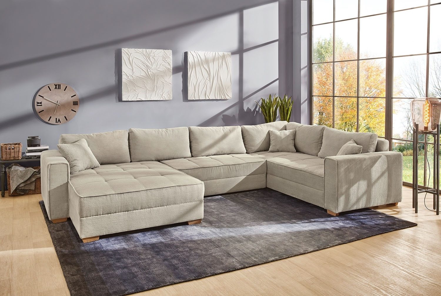 Jockenhöfer Gruppe Wohnlandschaft BRIXEN, Beige, Cord, Bettkasten, Schlaffunktion, mit Rückenkissen & Zierkissen, B 379 x T 227 cm