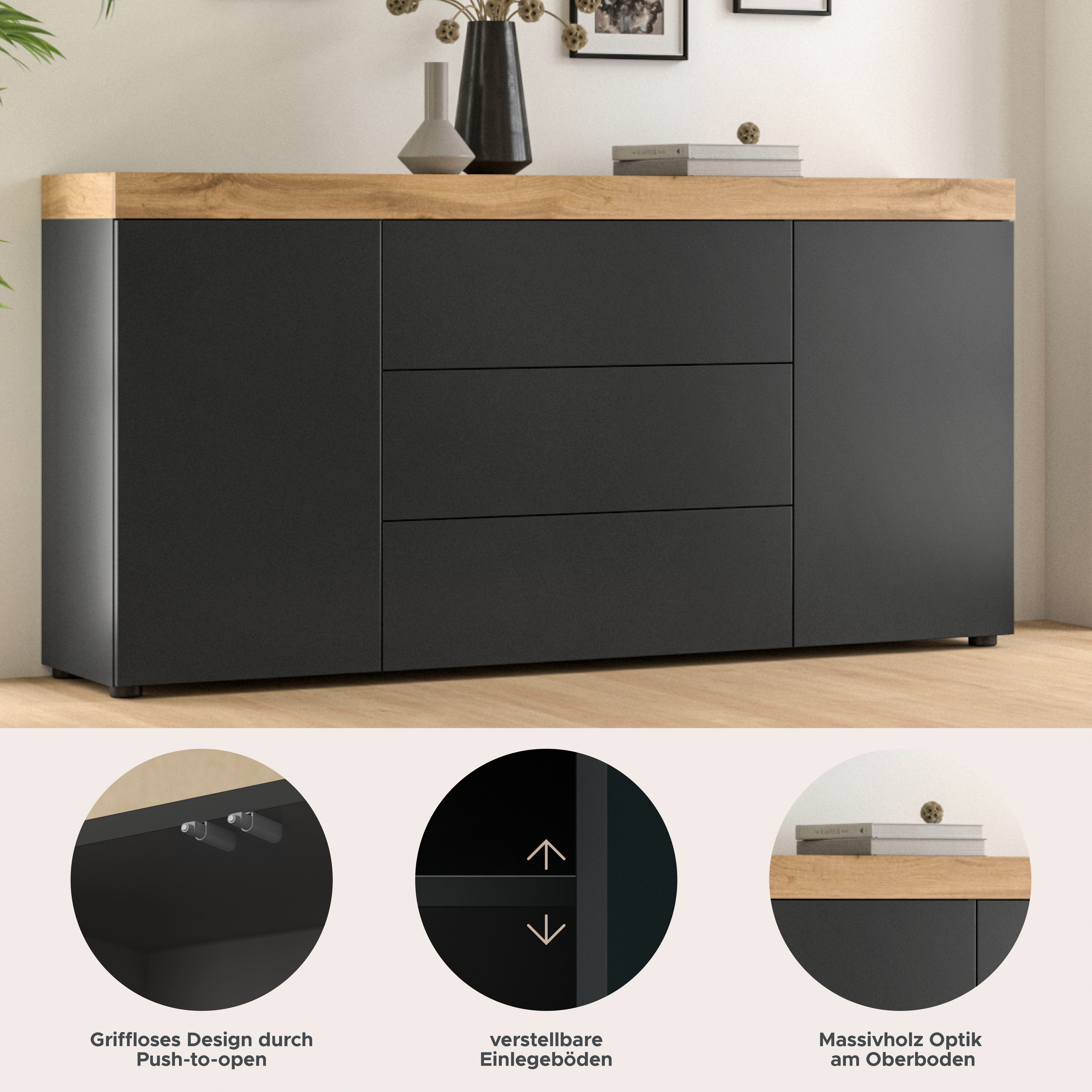 OTTO home Sideboard MAMBO, TOPSELLER!, Breite 160cm, 2 Türen, 3 Schubkästen, push-2-open (1 St., 2 farbige Ausführung, in verschiedenen Farben erhältlich), Kommode, Anrichte, Wohnzimmer, Schlafzimmer