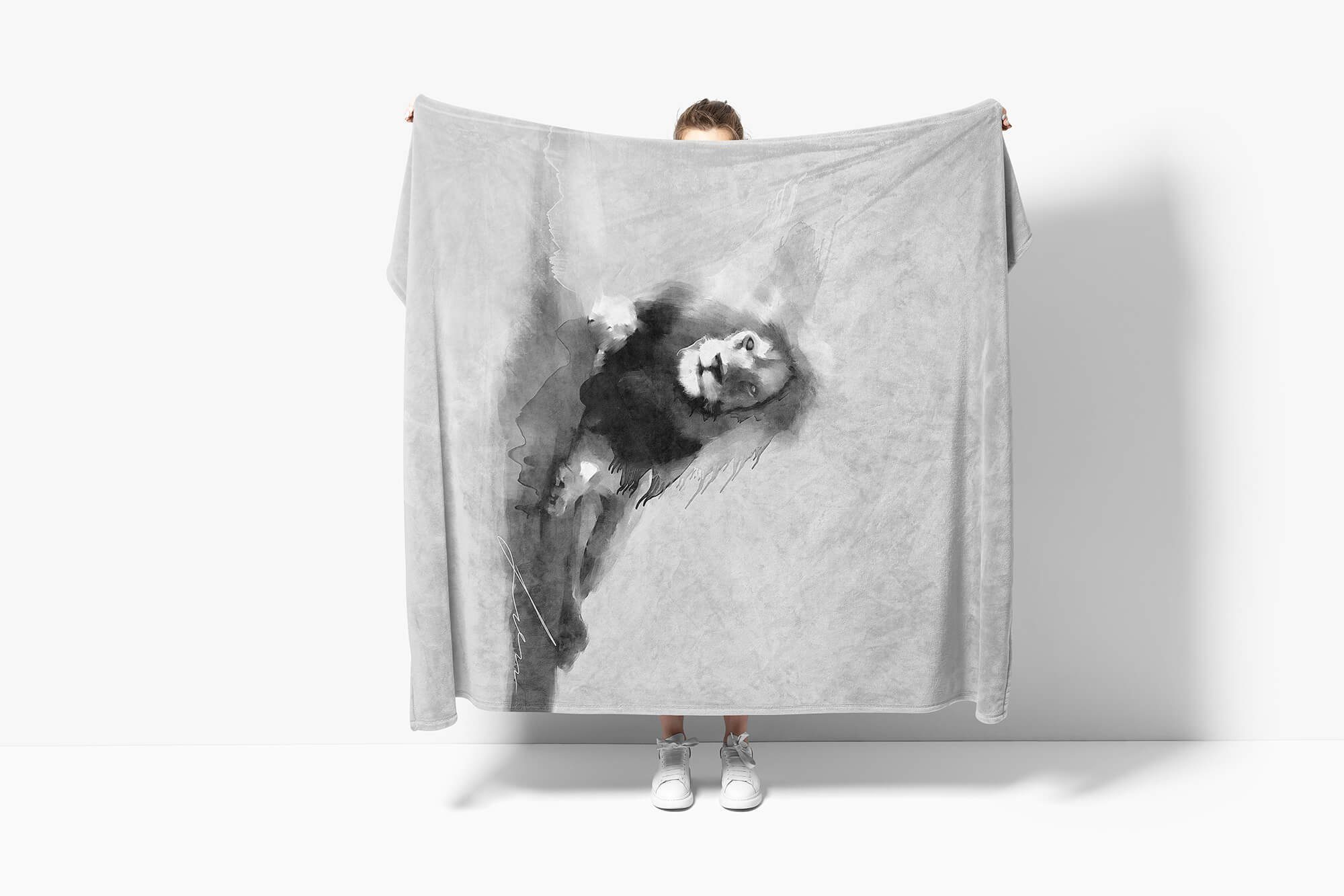 Sinus Art Handtücher Handtuch Strandhandtuch (1-St), Baumwolle-Polyester-Mix Kunstvoll Saunatuch Grau Motiv, Handtuch Raubkatze Kuscheldecke Löwe
