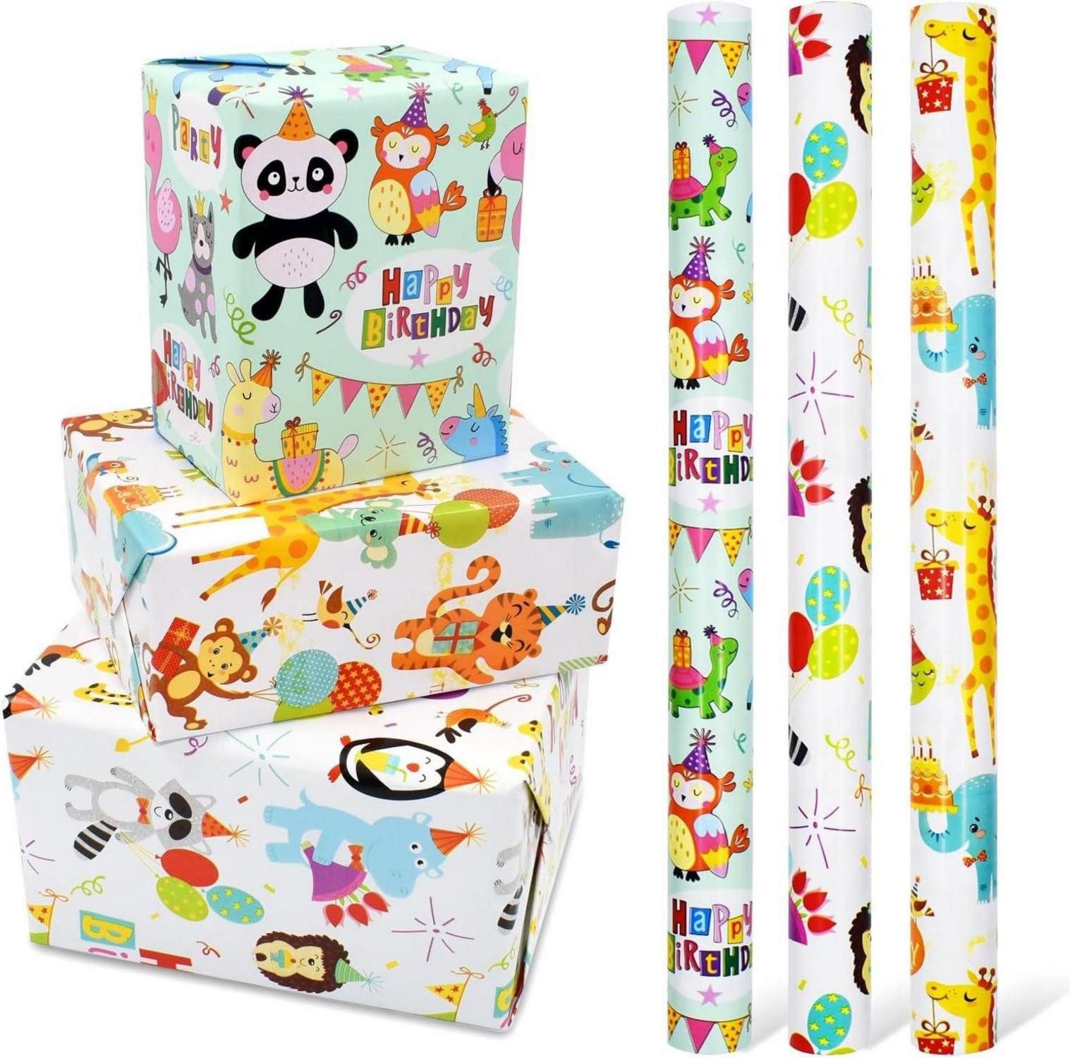 Geschenkpapier 3 Rollen Geschenkpapier wiederverwendbar Tiermotive Kinder Jungen