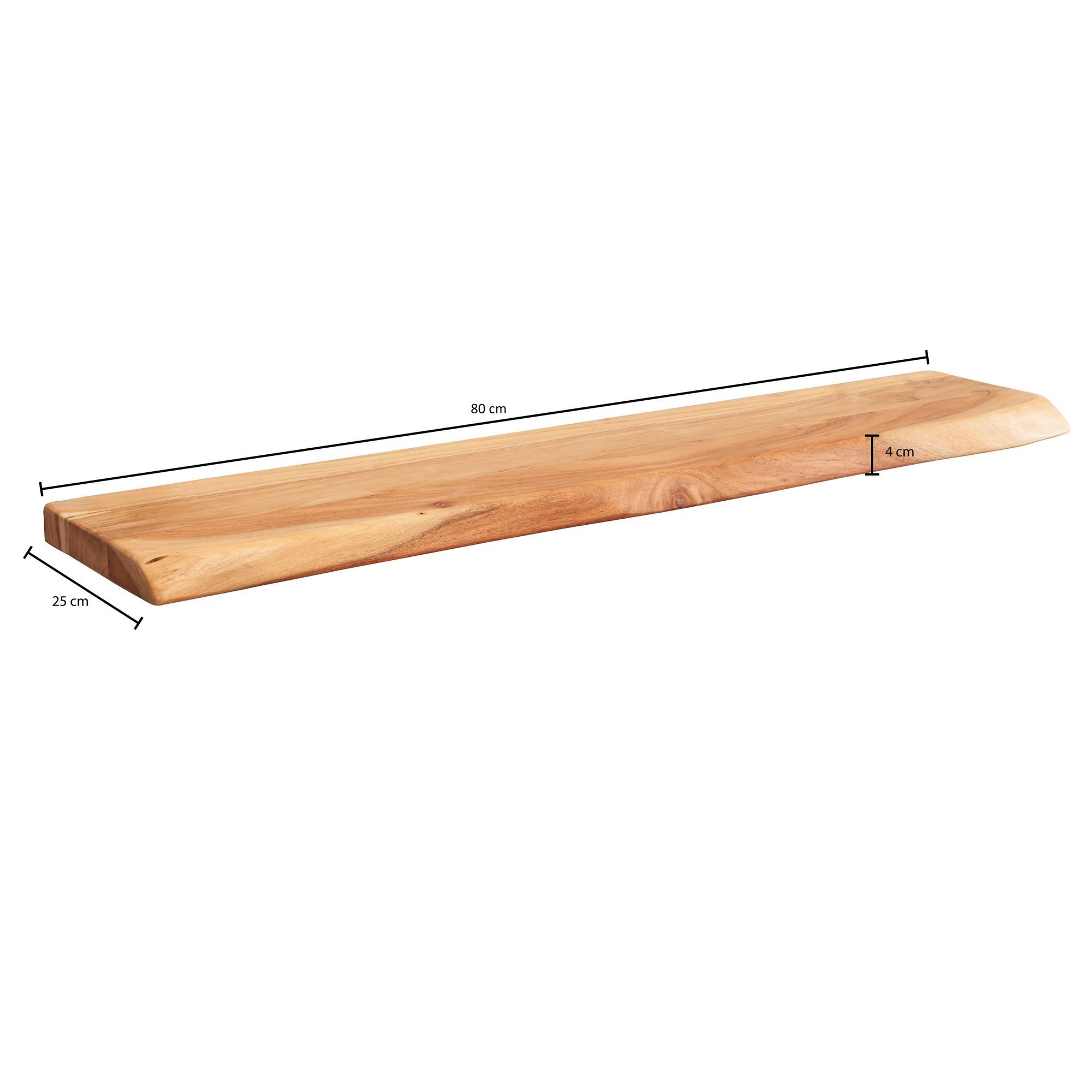 FINEBUY Wandregal Baumkante Akazie Holz Design Schweberegal Regal Massiv Natur, mit Baumkante Akazie Massivholz 80 cm, Wandboard, Schweberegal Massiv, Regal Wand, Hängeregal
