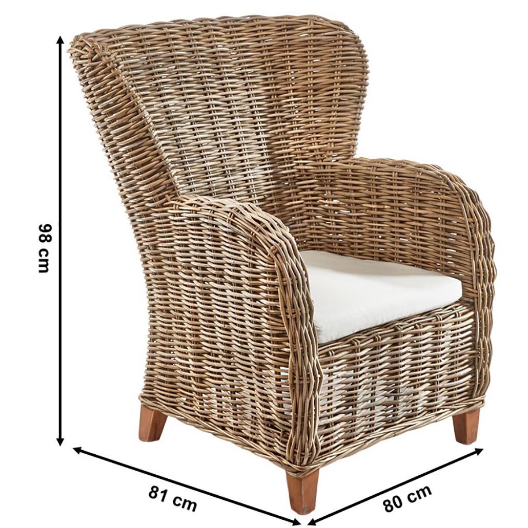 Kobolo Rattanstuhl Rattansessel Stuhl Esszimmerstuhl TOSCANO mit Sitzkissen (Einzelstück, 1 St), Stuhl Armlehnen Esszimmerstuhl 98 cm hoch