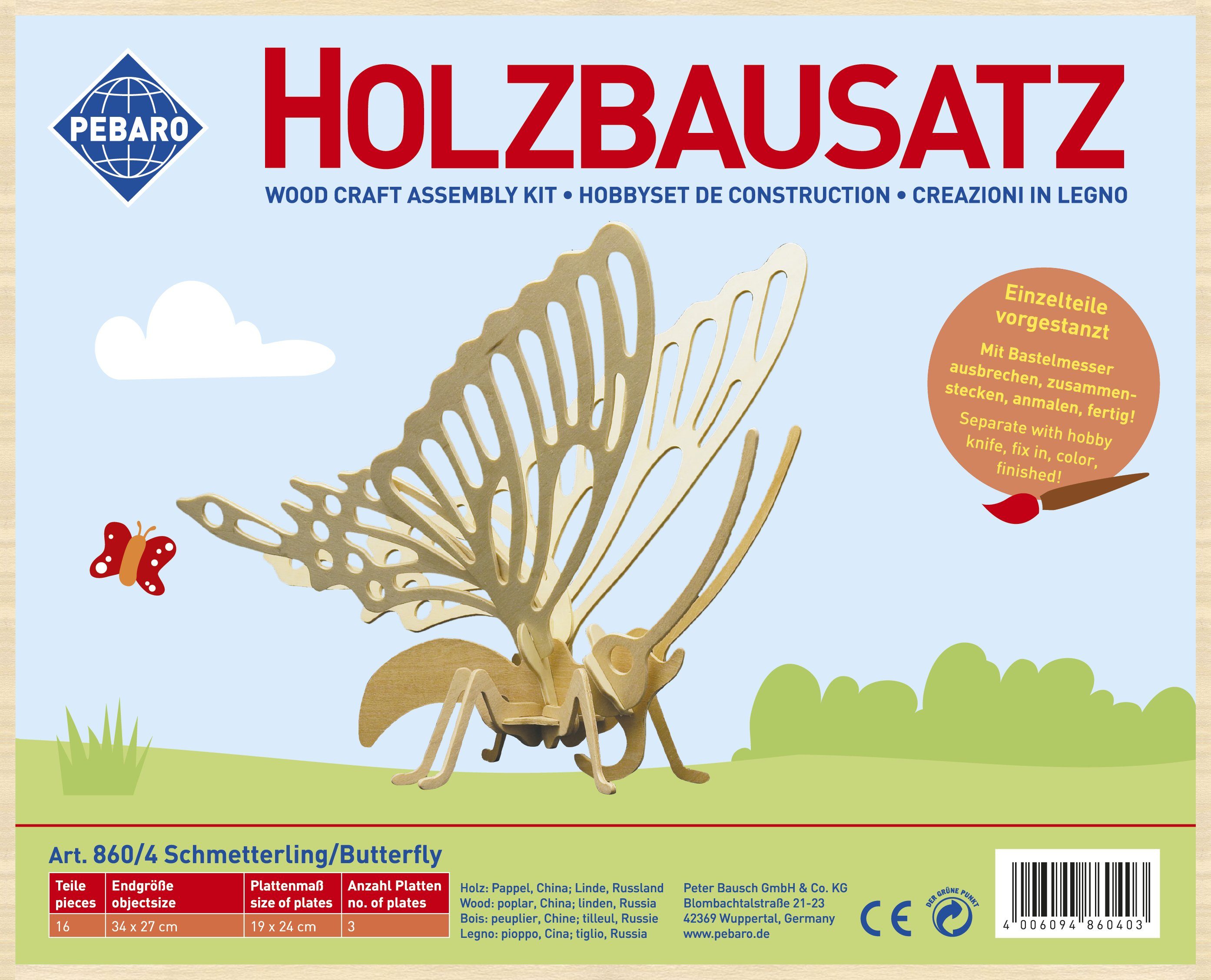 Pebaro 3D-Puzzle Holzbausatz Schmetterling, 860/4, 16 Puzzleteile