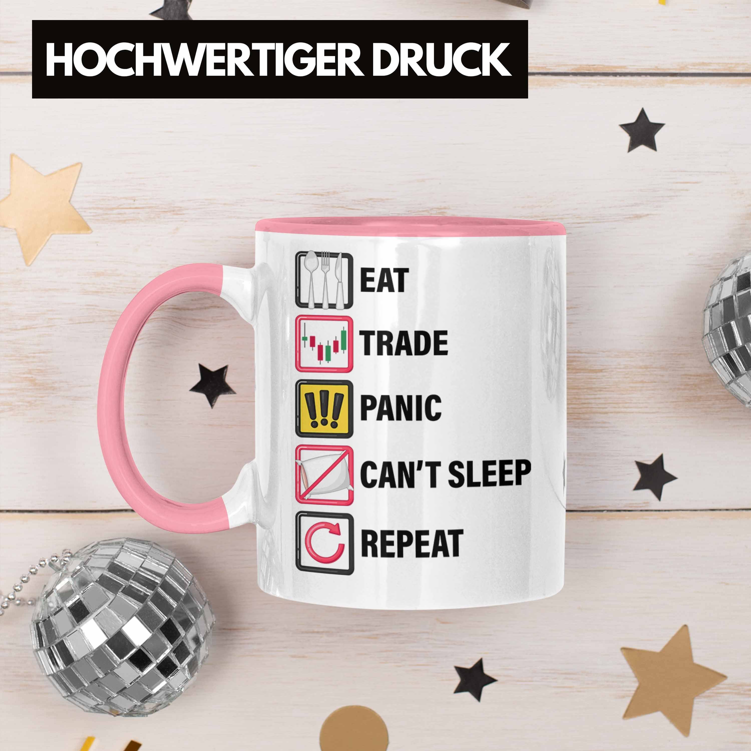 Trendation Tasse Sleep für Panic Repeat" Rosa Trader, Aktien- und Tasse "Eat Bö Geschenkidee