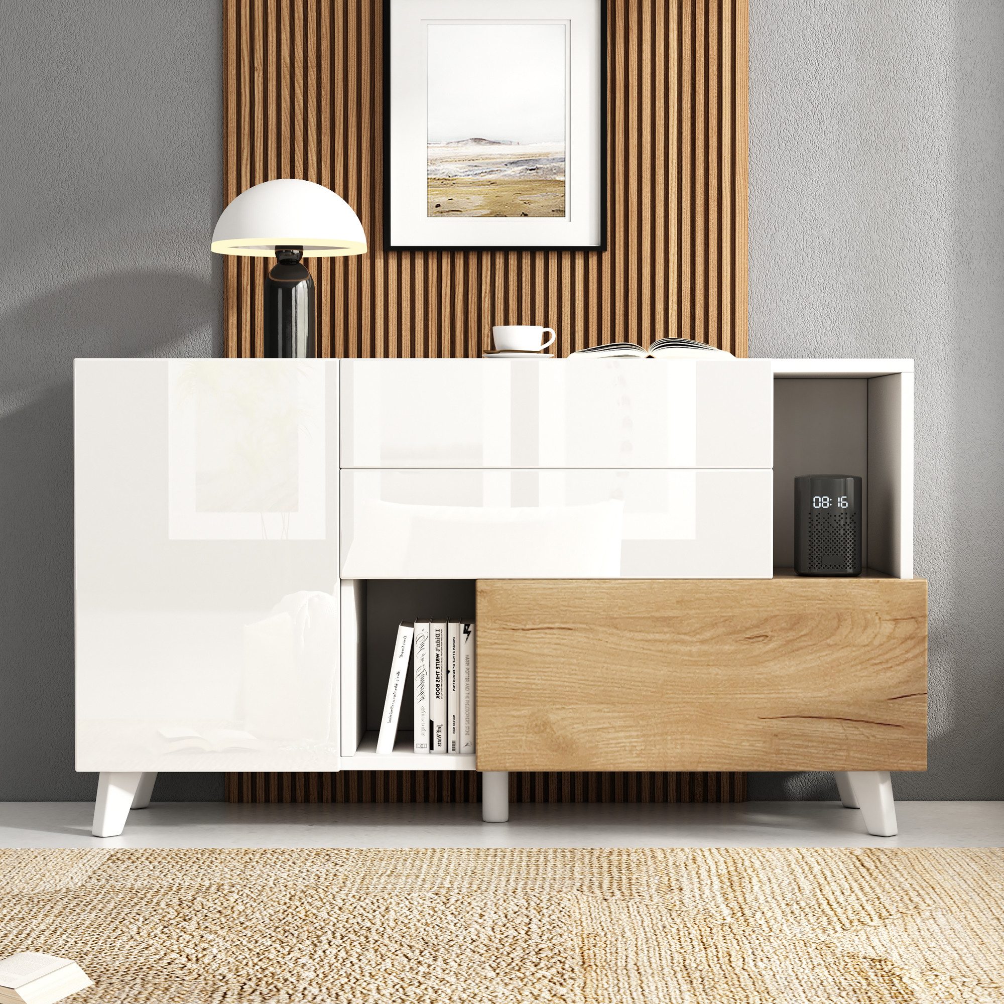 Merax Sideboard in Weiß Hochglanz & Holzoptik (1 St), Buffetschrank Kommode günstig online kaufen