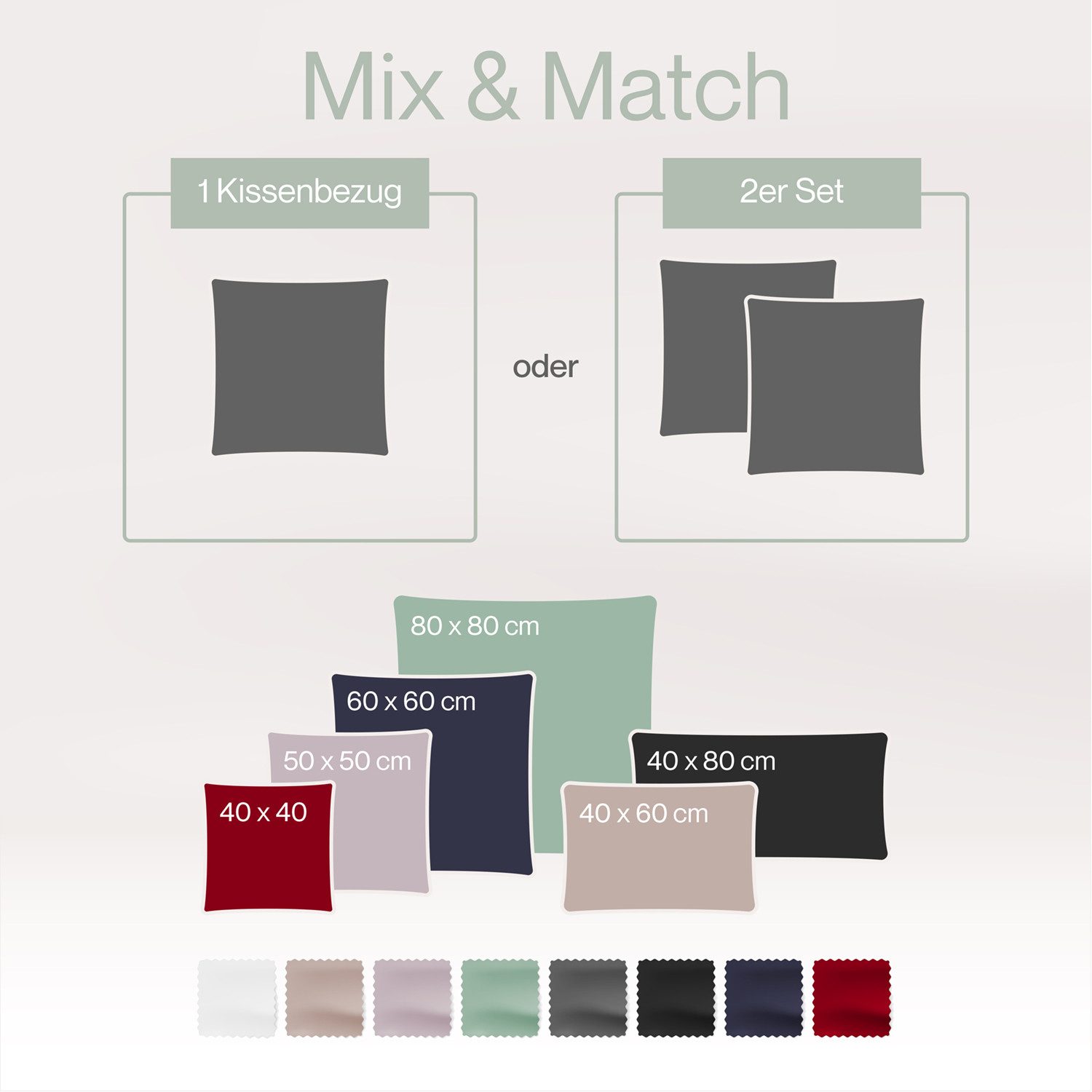 Blumtal Kissenbezüge Premium Mako Satin Kissenbezug, superweich aus 100% Baumwolle, (2 Stück), OEKO-TEX zertifiziert – Glanzoptik & farblich passender Reißverschluss