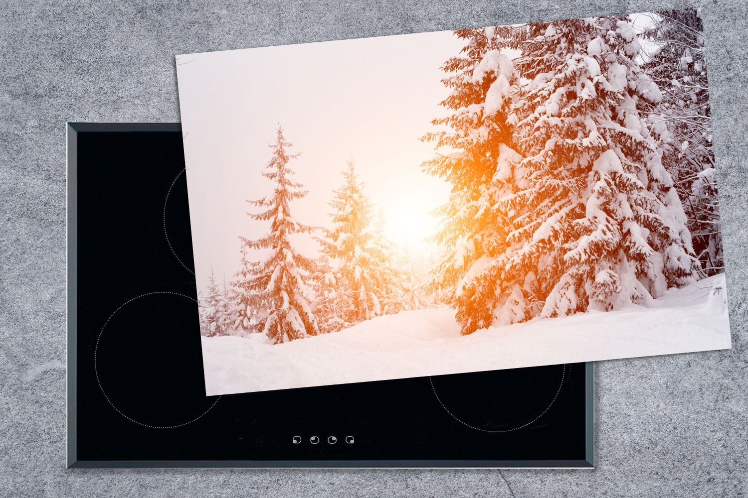 MuchoWow Herdblende-/Abdeckplatte Sonne - Bäume tlg), Schnee, für Vinyl, Induktionskochfeld (1 Schutz cm, die 80x52 - Ceranfeldabdeckung küche