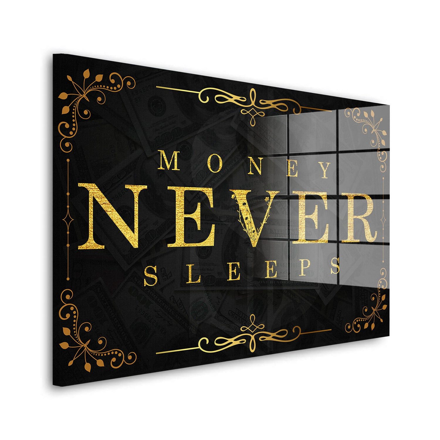 Acrylglasbild Money Never Sleeps Gold Acrylglas Wandbild Bild Wanddeko Wohnzimmer XL