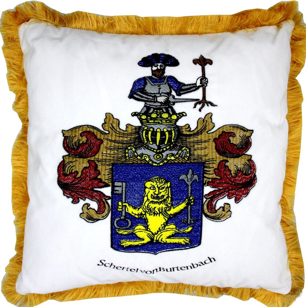 Casa Padrino Dekokissen Luxus Deko Kissen Wappen Freiherr Schertel von Burtenbach Weiß / Gold