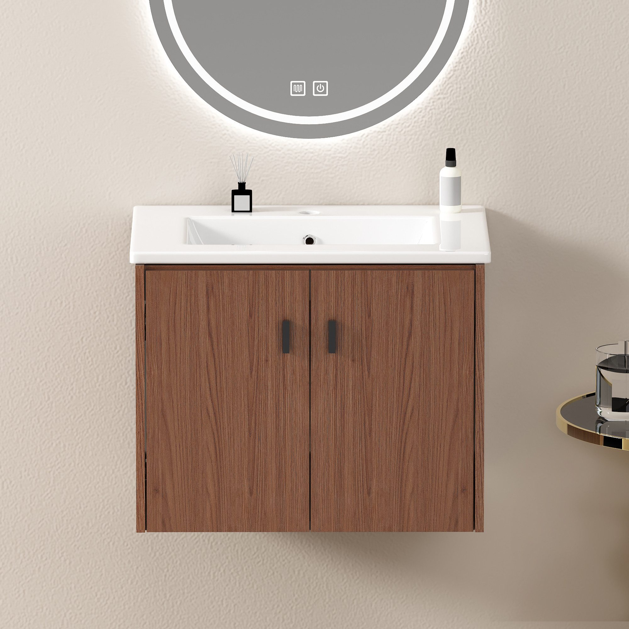 MODFU Badkommode 60 cm in Rotbraun mit Soft-Close-Türen aus MDF (Packung, 1 St., 2 Türen, Viel Stauraum für Handtücher & Pflegeprodukte), Schlichtes Holzdesign, passend für helle Badezimmer