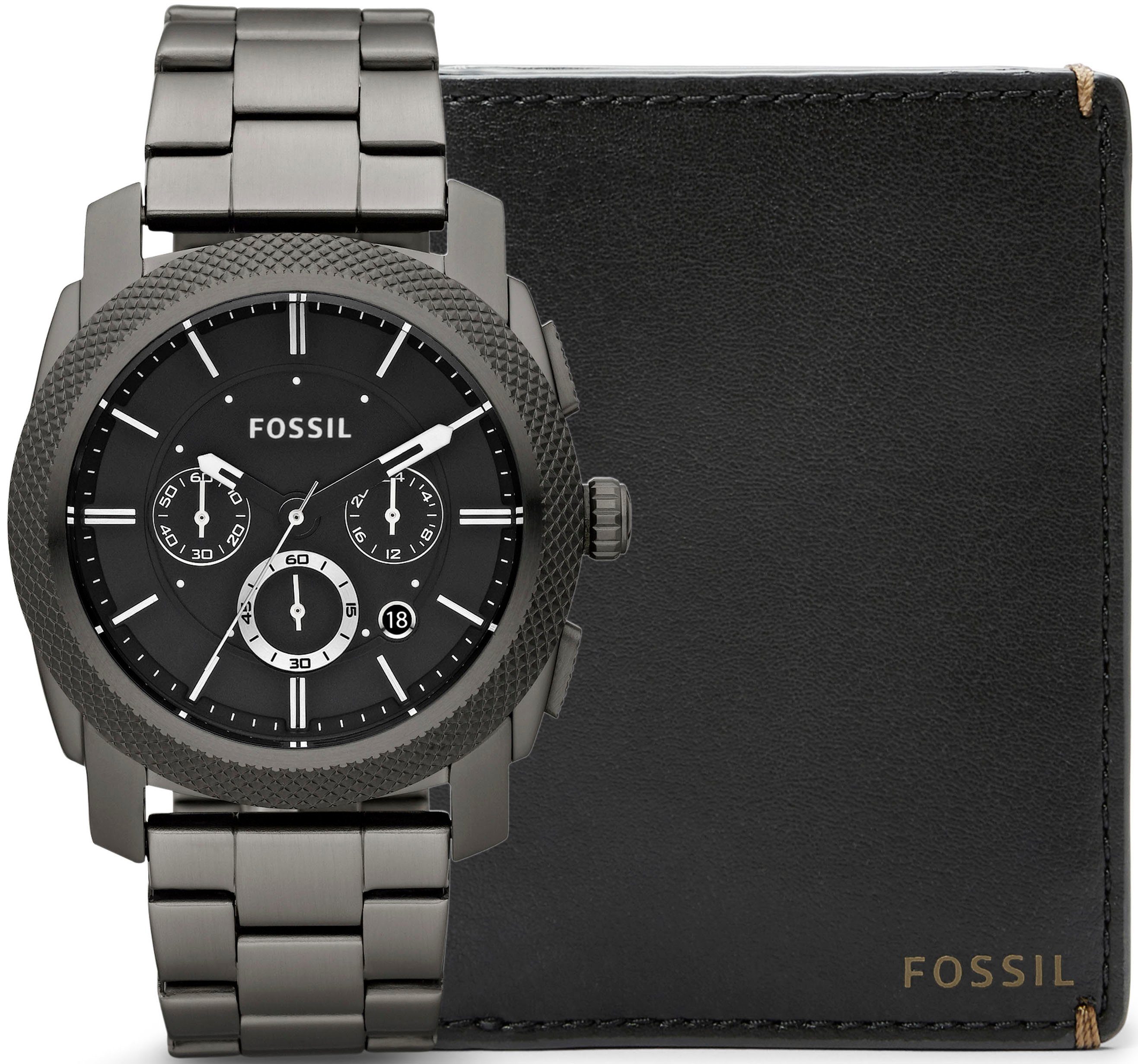 Fossil Chronograph MACHINE, FS4662, (Set, 2-tlg., mit Leder-Kartenmäppchen  in anthrazit), Exklusiv-Set, ideal auch als Geschenk