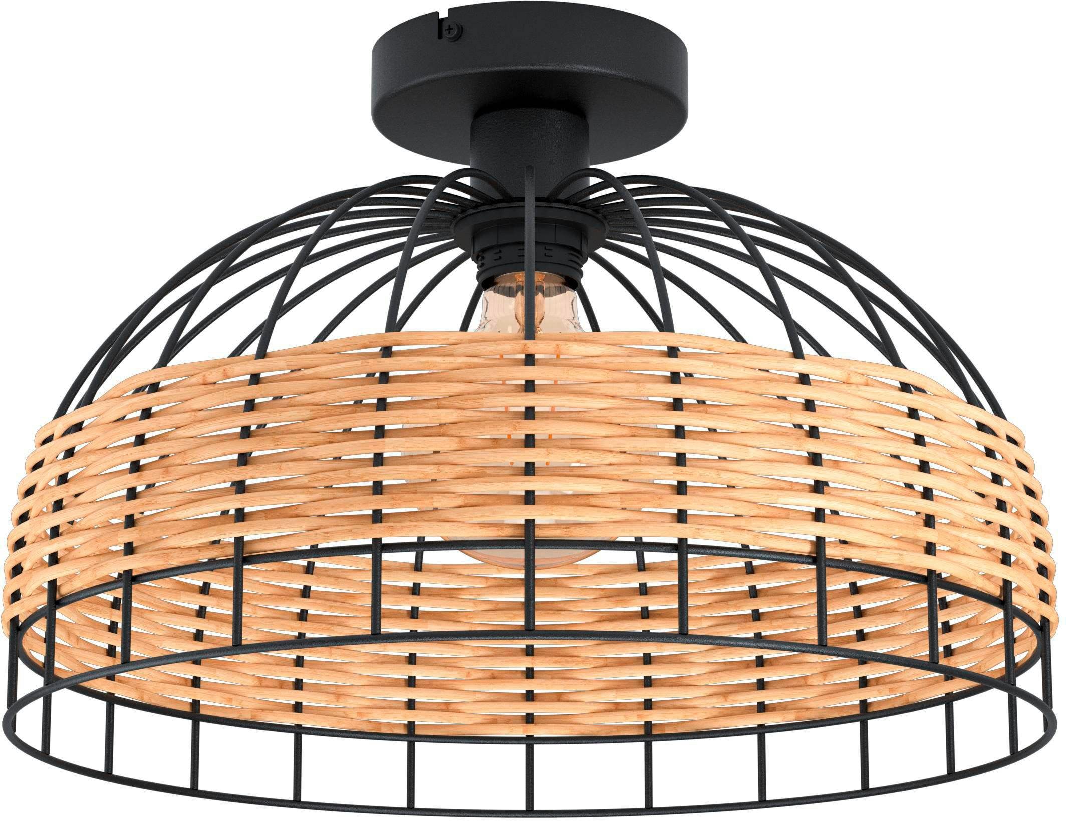 EGLO Deckenleuchte ANWICK Deckenlampe, Stahl und Rattan, E27, IP20, Esszimmerlampe, Lampe, ohne Leuchtmittel, Deckenleuchte, Wohnzimmer, H26,50, Ø38 cm, schwarz, natur, 1X60W exkl.