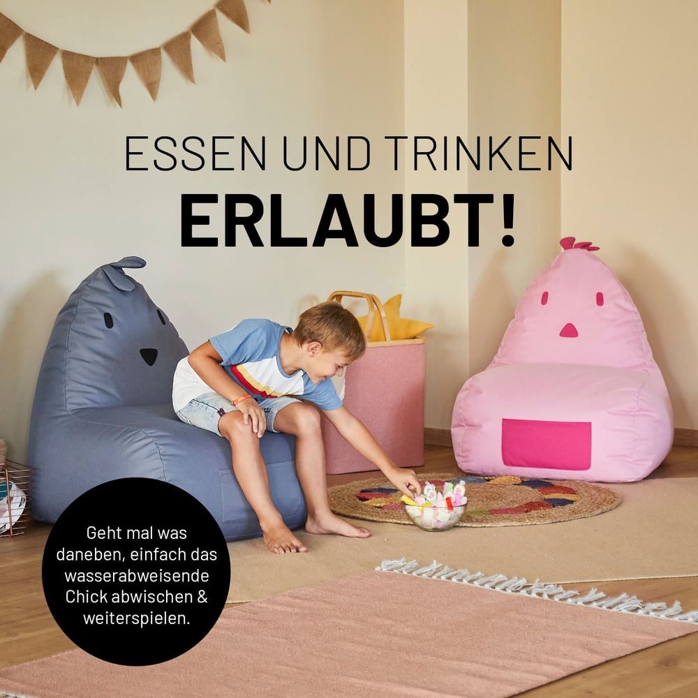 Lumaland Sitzsack Kinder Tier Chick Kissen 80x75x75 cm, niedliches Kindersitzkissen, Wow Effekt im Kinderzimmer, pflegeleicht