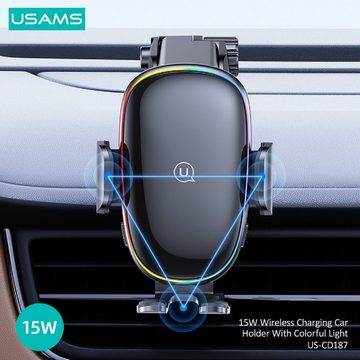 USAMS US-CD187 15W Wireless Charging Car Holder With Colorful Light Handy-Halterung, (bis 6,70 Zoll, 15W, Ladefunktion, mit bunten Licht, Armaturenbrett und Lüftungsgitter)