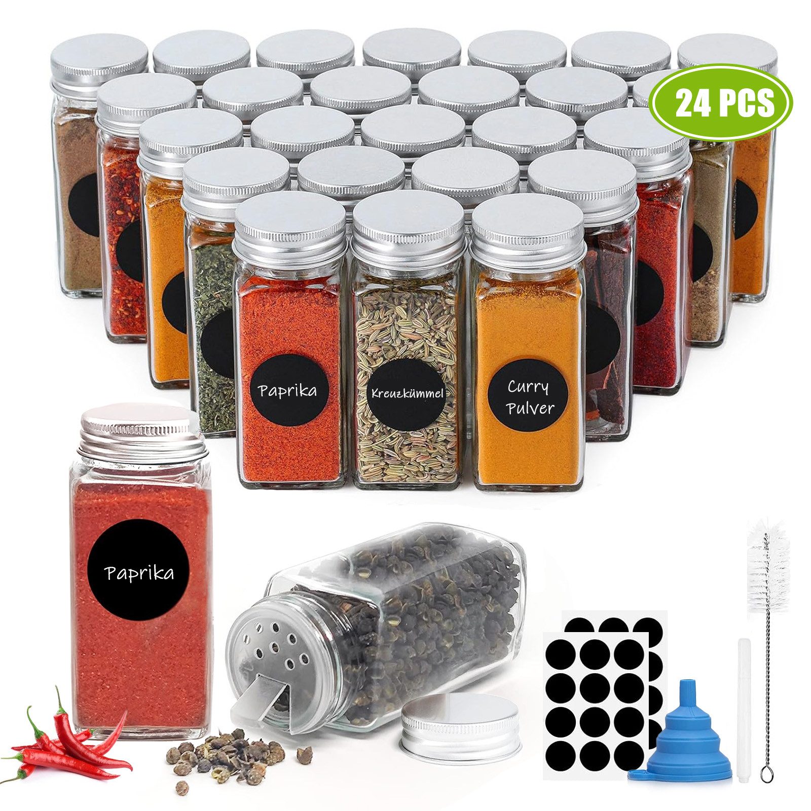 DAITORE Gewürzregal 24-Tlg 120ml Gewürzstreuer Glas mit Streueinsatz, 24-tlg., Luftdichte Gewürzgläser Eckig, Gewürzstreuer Glas Silber