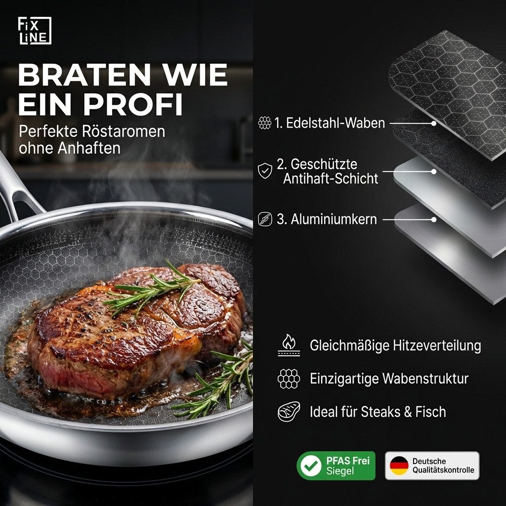 FIXLINE Bratpfanne 28cm BLACK FOREST Edition Kratzfeste Beschichtung Induktion, Edelstahl (Wabenboden, Pfanne), Perfekte Geschenidee