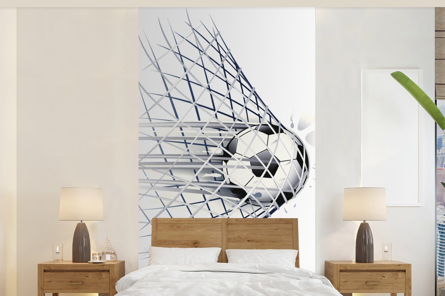 MuchoWow Fototapete Eine Illustration eines Fußballs, der ins Tor geht - Jungen - Mädchen, Matt, bedruckt, (2 St), Vliestapete für Wohnzimmer Schlafzimmer Küche, Fototapete