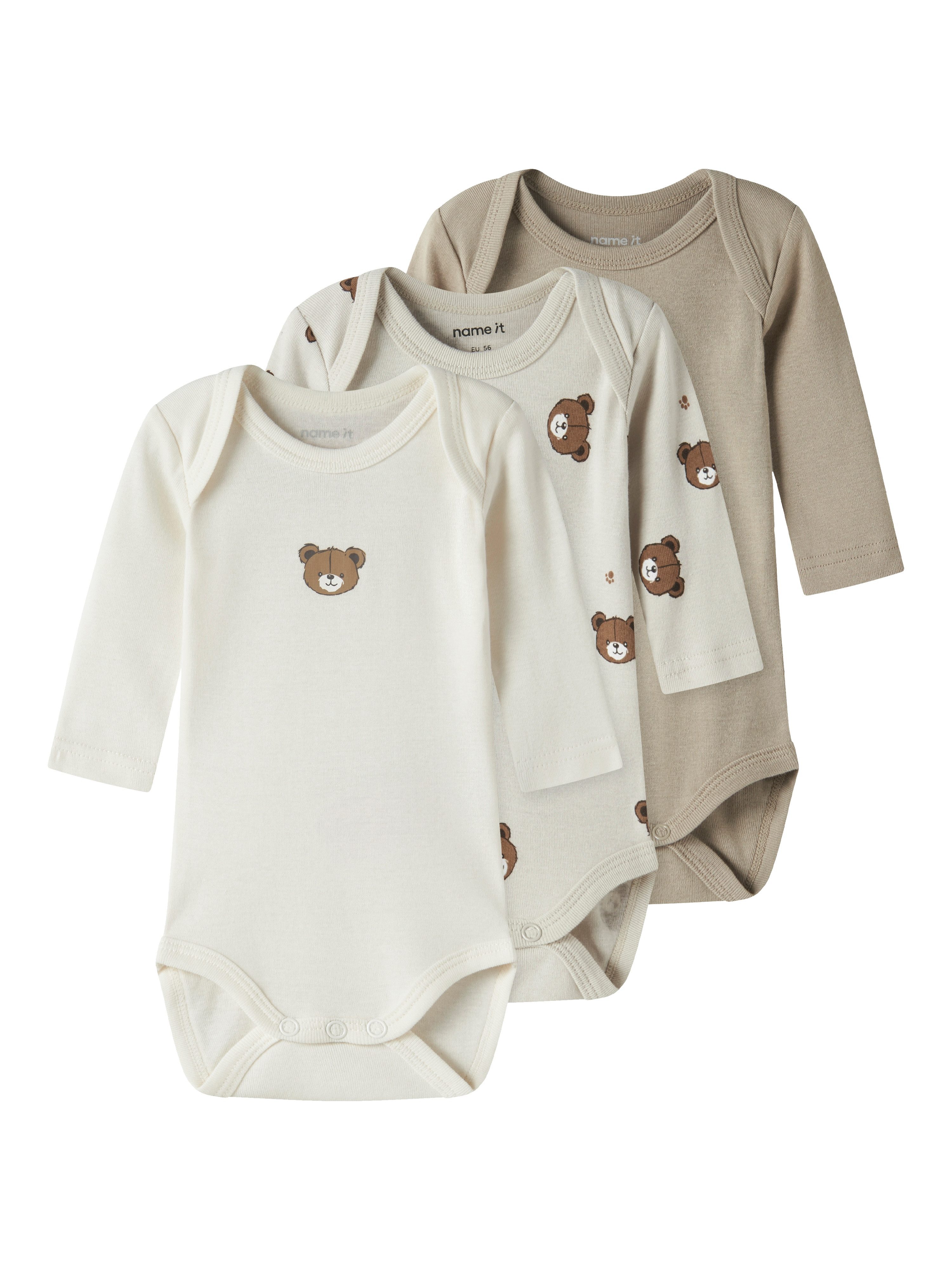 Name It Langarmbody NBNBODY 3P LS PUMICE BEAR NOOS (Packung, 3-tlg)