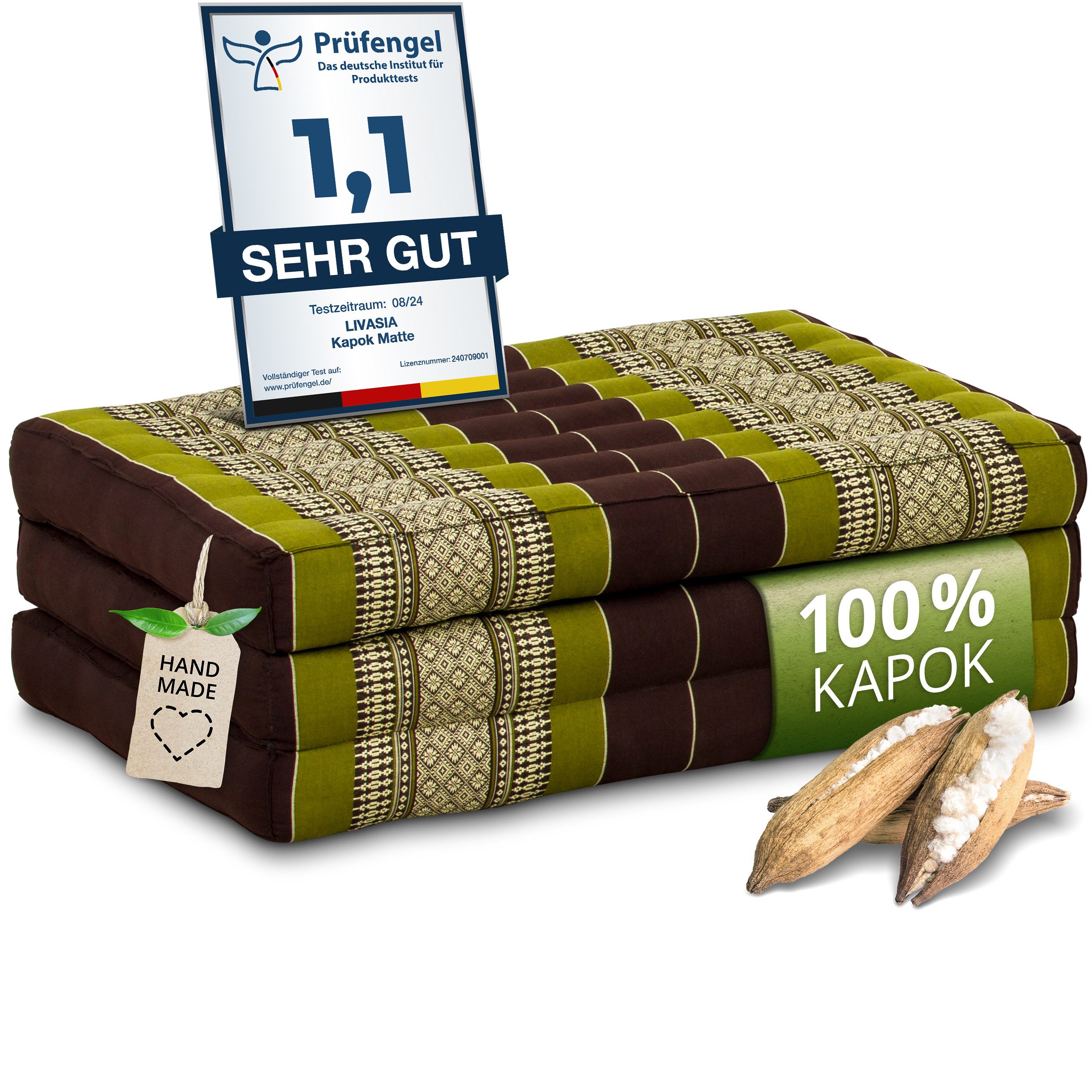 Kindermatratze Klappmatratze 70 cm breit - 140x70x8cm - Faltmatratze für Kinder, livasia, 8 cm hoch, Kapok, vegan, handgefertigt