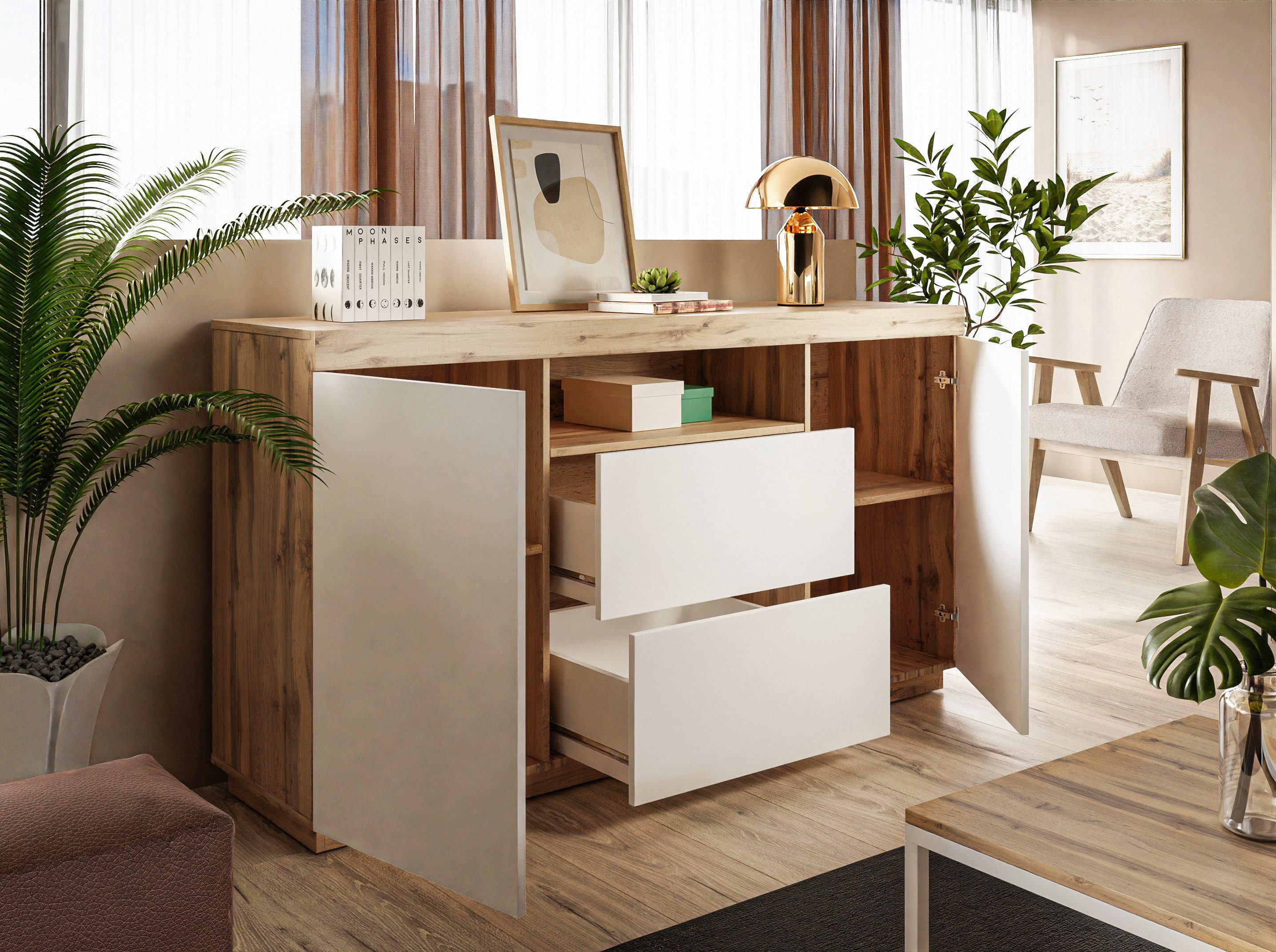 Lookway Kommode YOSHI auf Sockel und Schublade im Industrial Design, Breite: 164 cm