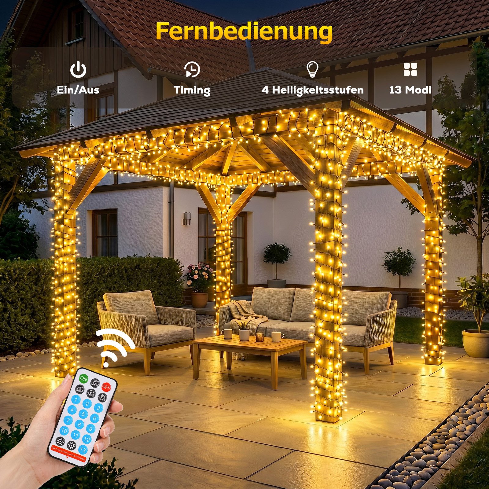 Salcar LED Solarleuchte LED Lichterkette Außen Solar Gartenleuchte Terrasse Balkon Party, Warmweiß, 24,6m 480er LED mit Fernbedienung, 13 Modi, Wasserdichte – Bild 5 von 5