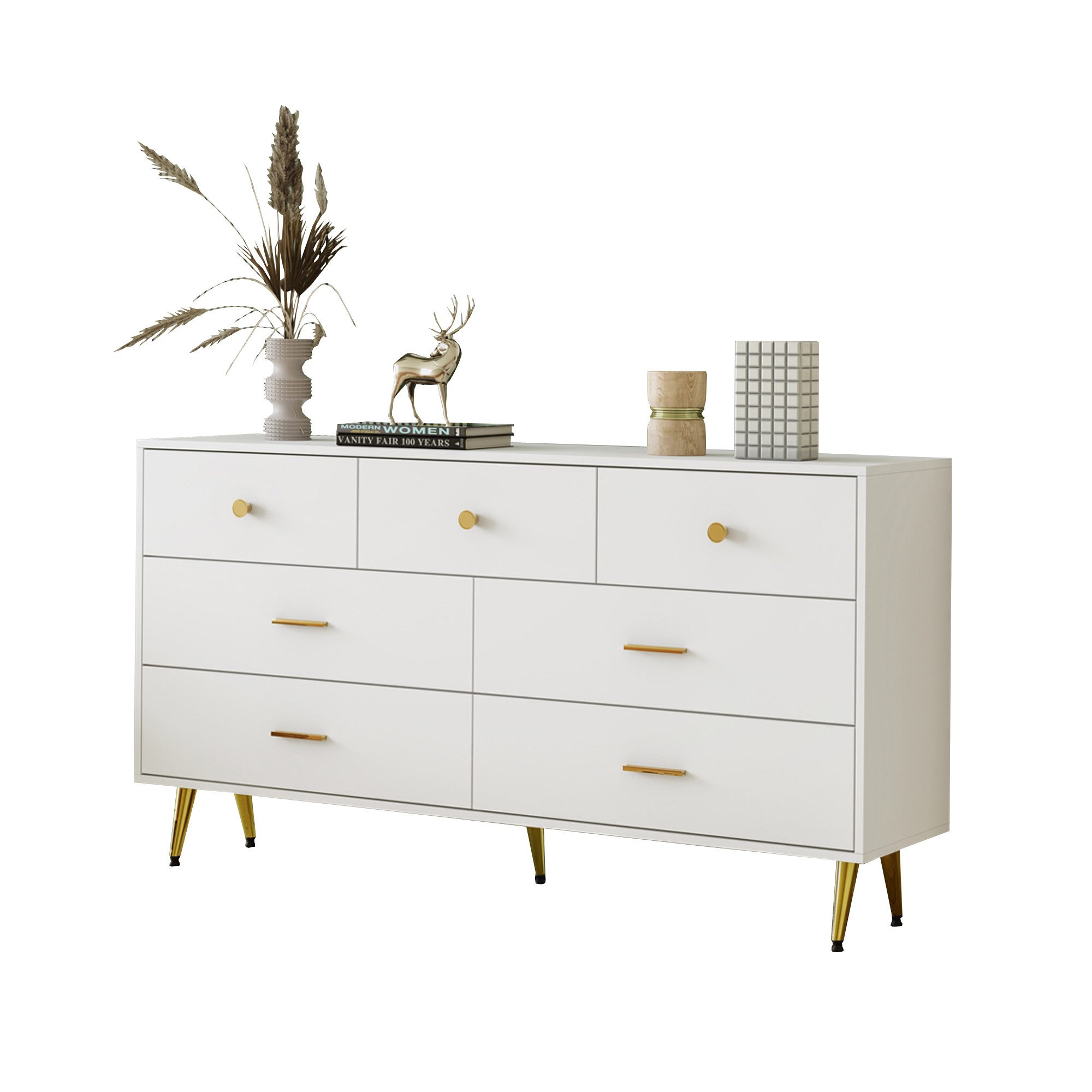 Merax Kommode mit sieben Schubladen und Metallfüße, Sideboard Scandi,Schubkastenkommode,Buffet,Anrichte