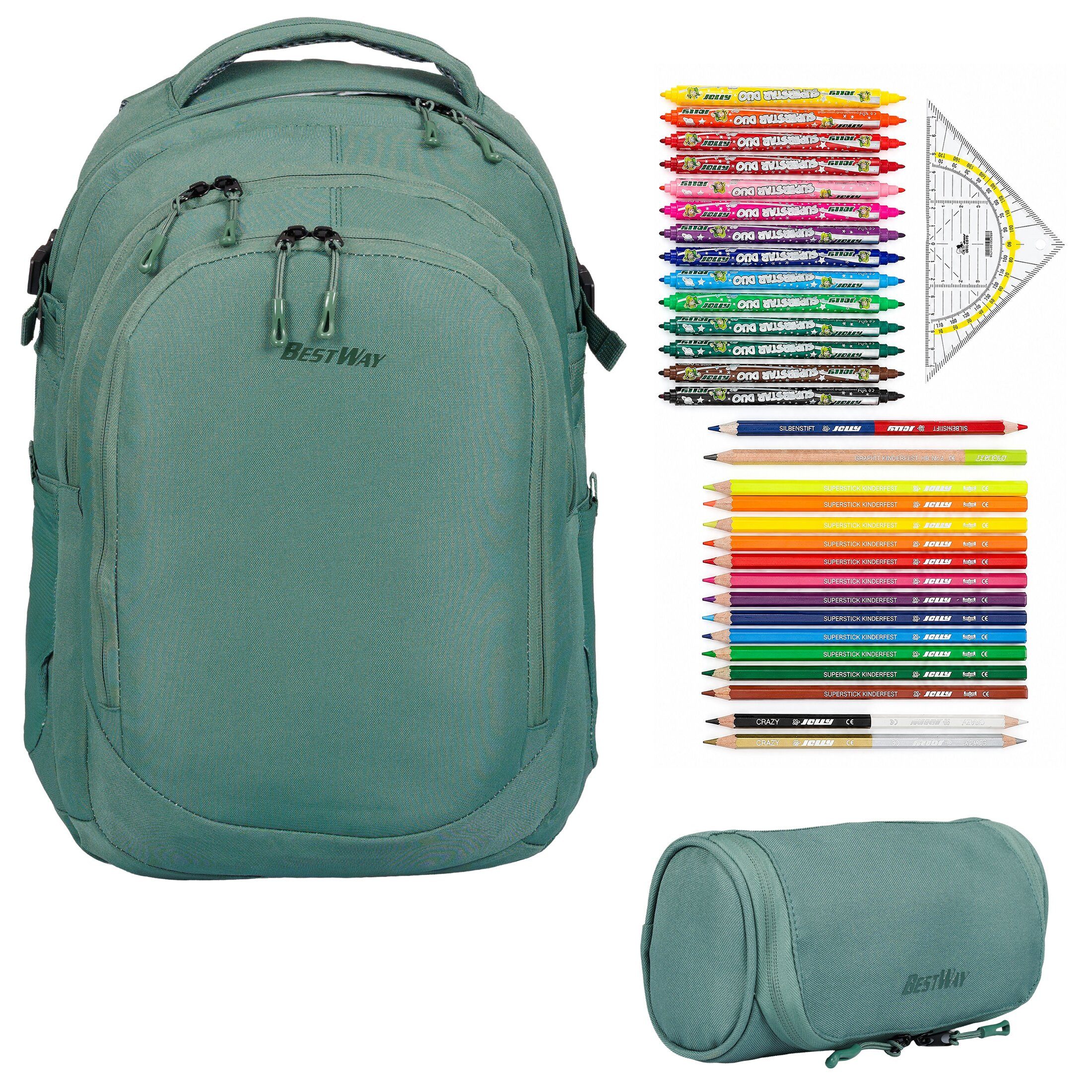 BESTWAY Schulrucksack Mädchen Jungen Schultasche Schulmappe Solid (Set, 3 Teile Set: Rucksack + Mäppchen + Stifte Set 31 tlg), Schulrucksackset Mappe Campus Evo 3 Teile Set 40352 rmv