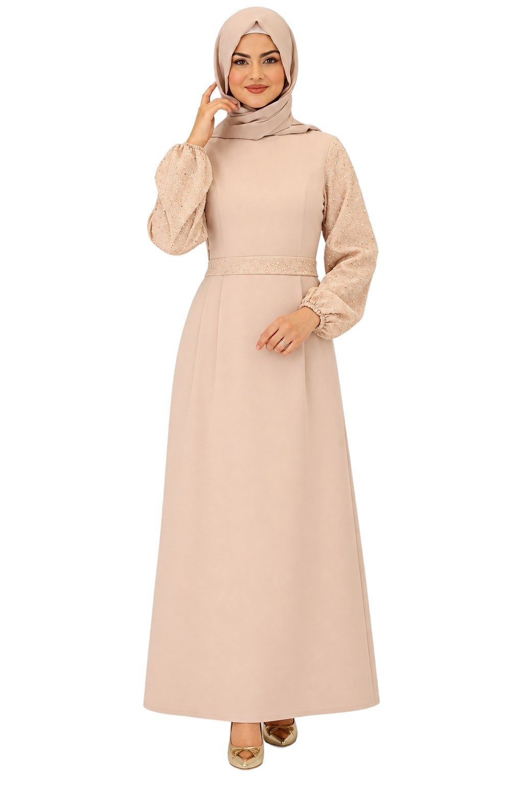 fashionshowcase Maxikleid Damen festlich A-Linie Krepp mit Pailletten Ärmeln gefüttert lang festlicher Look, Taillendetail, gefüttert, fällt 1 Größe kleiner aus
