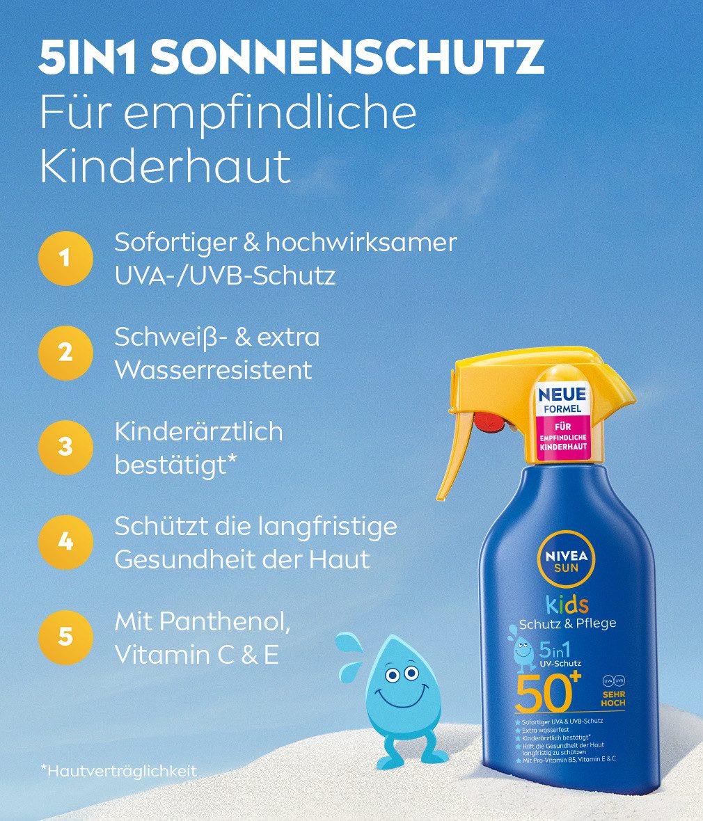 Nivea Sun Sonnenschutzspray Kids Schutz & Pflege LSF 50+ 250ml, 1-tlg., UVA- und UVB Schutz