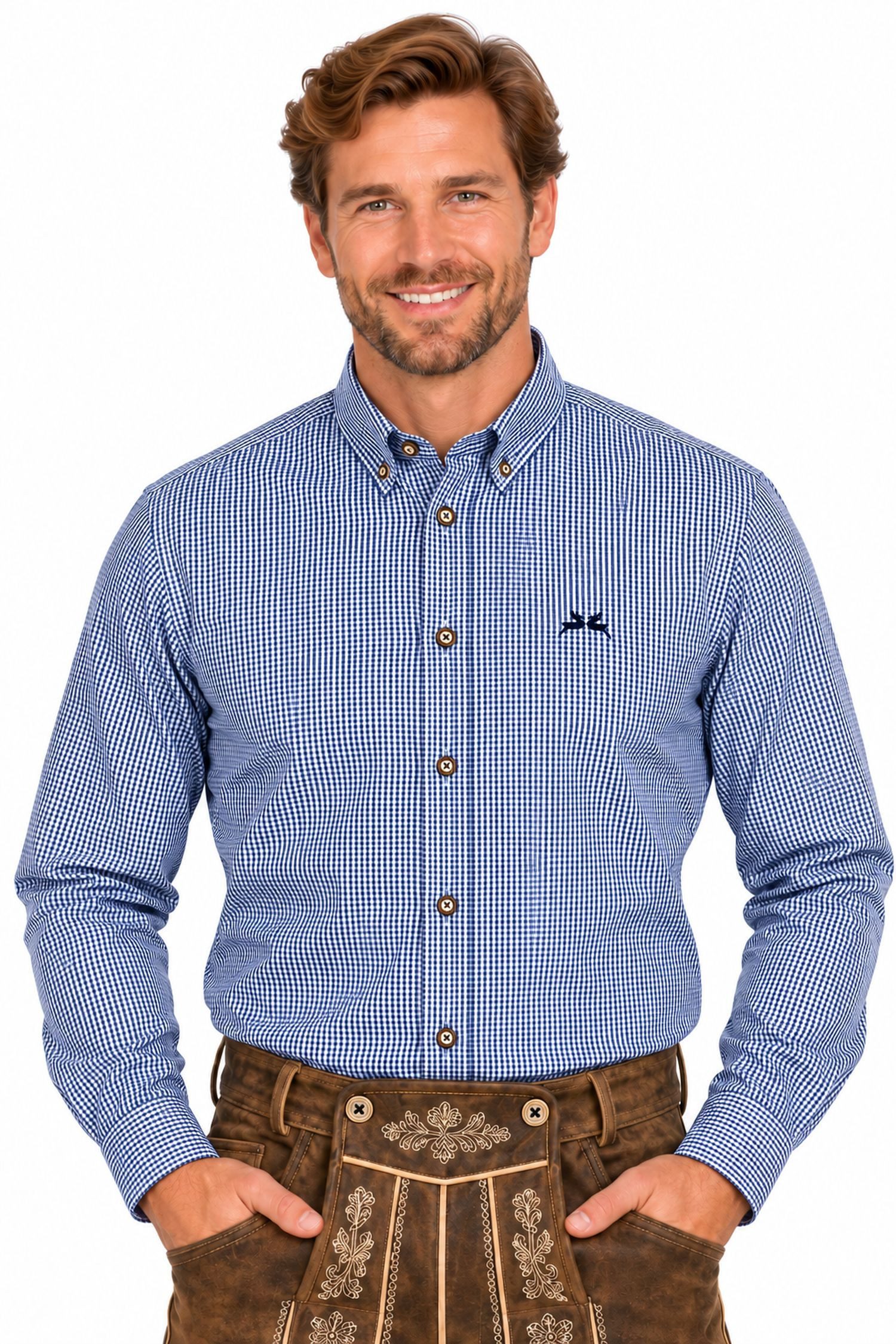 Maddox Trachtenhemd Kariertes Herrenhemd mit Hirsch Stickerei, Navy B