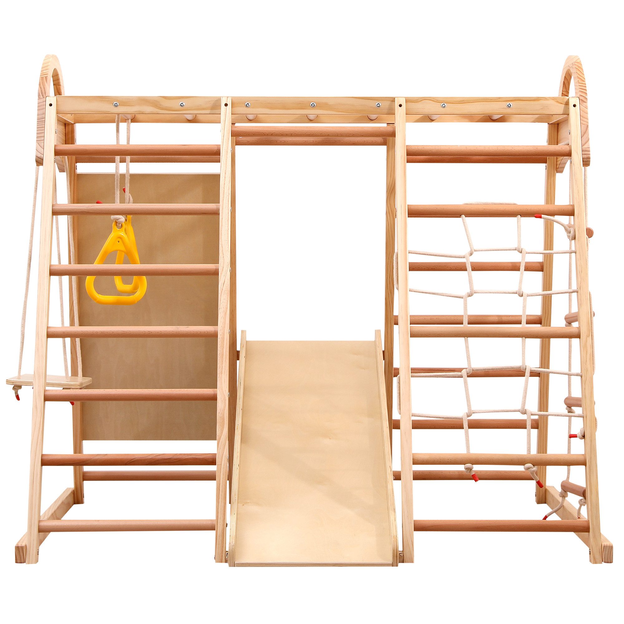 Merax Klettergerüst 8-in-1 Kletterdreieck aus Holz, (Rutschbahn, Schaukel, Leiter, Kletternetz, Ringe), Kletterwand, Indoor-Spielplatz, Spielset