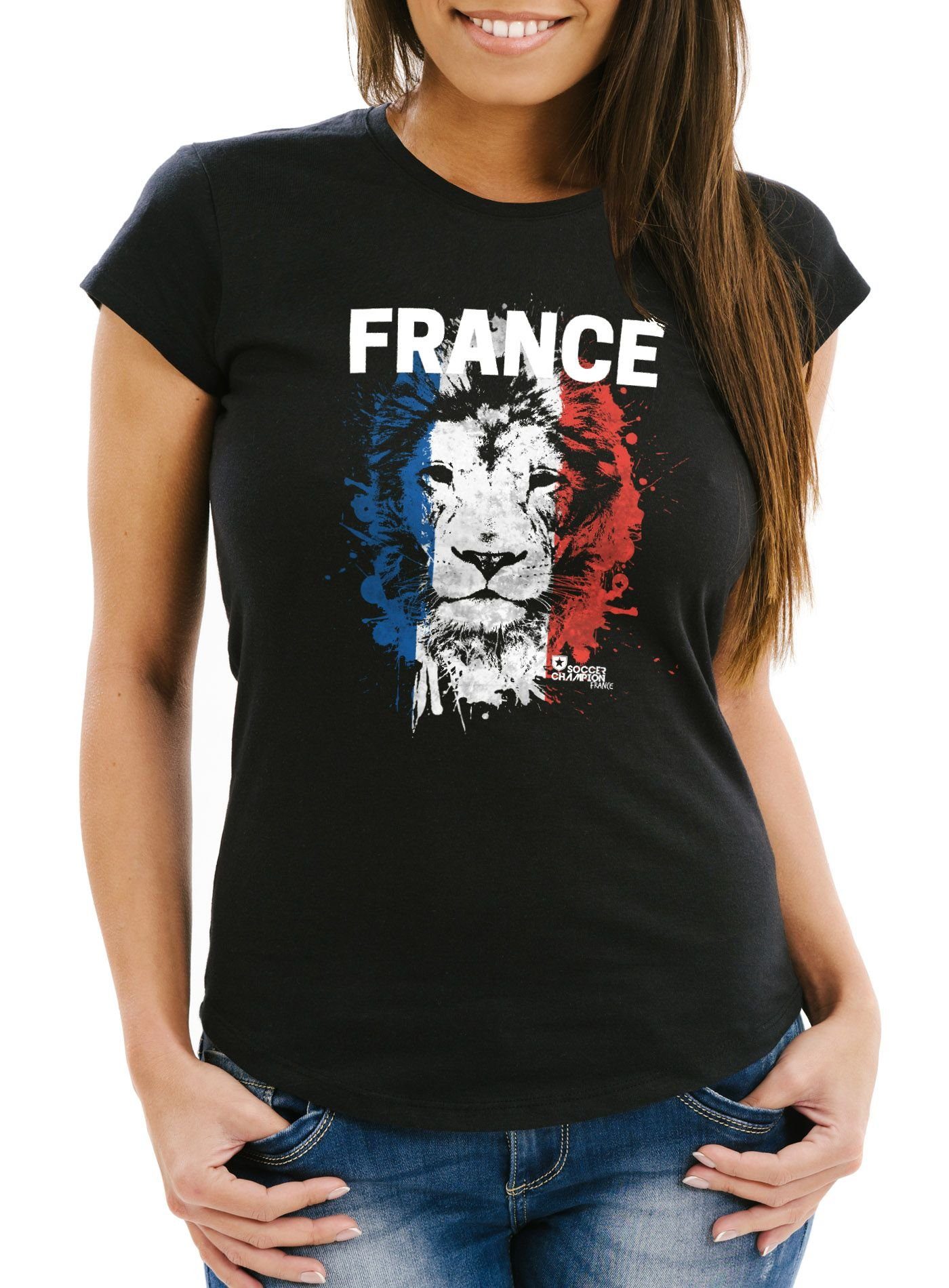 MoonWorks Print-Shirt Damen T-Shirt Fanshirt Frankreich Fußball EM WM Löwe Flagge Slim Fit MoonWorks® mit Print