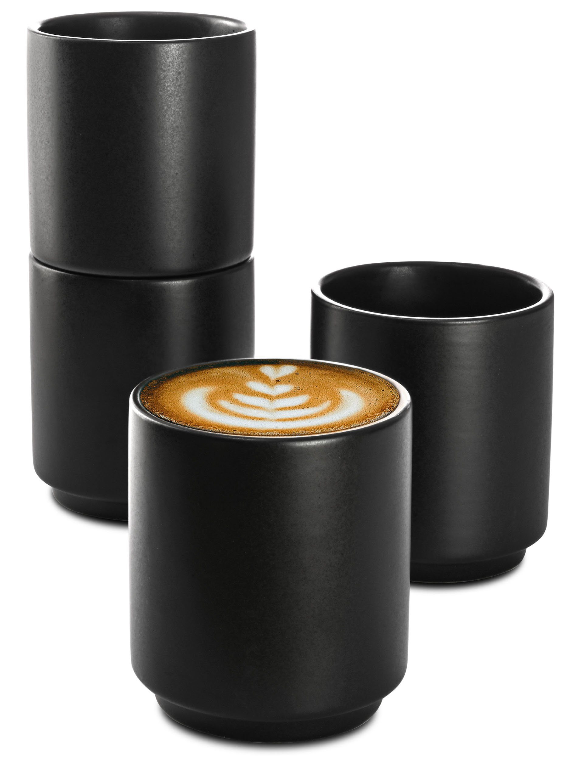 Cosumy Cappuccinotasse Cappuccino Tassen 4er Set Schwarz aus Keramik - Stapelbares Design, 4-tlg., Keramik, Hitzebeständiges Stapelbares Design - Entworfen für Latte Art - 200 ml