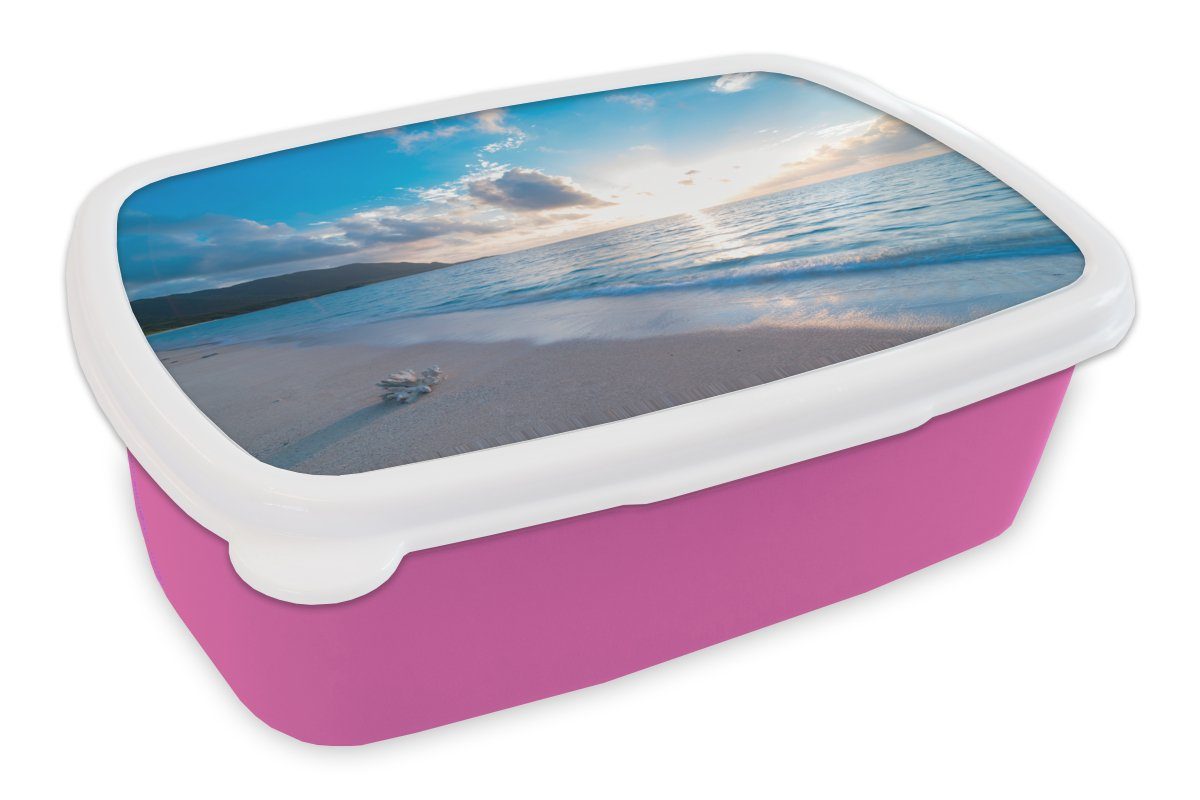 MuchoWow Lunchbox Strand - Meer - Muschel, Kunststoff, (2-tlg), Brotbox für Erwachsene, Brotdose Kinder, Snackbox, Mädchen, Kunststoff rosa