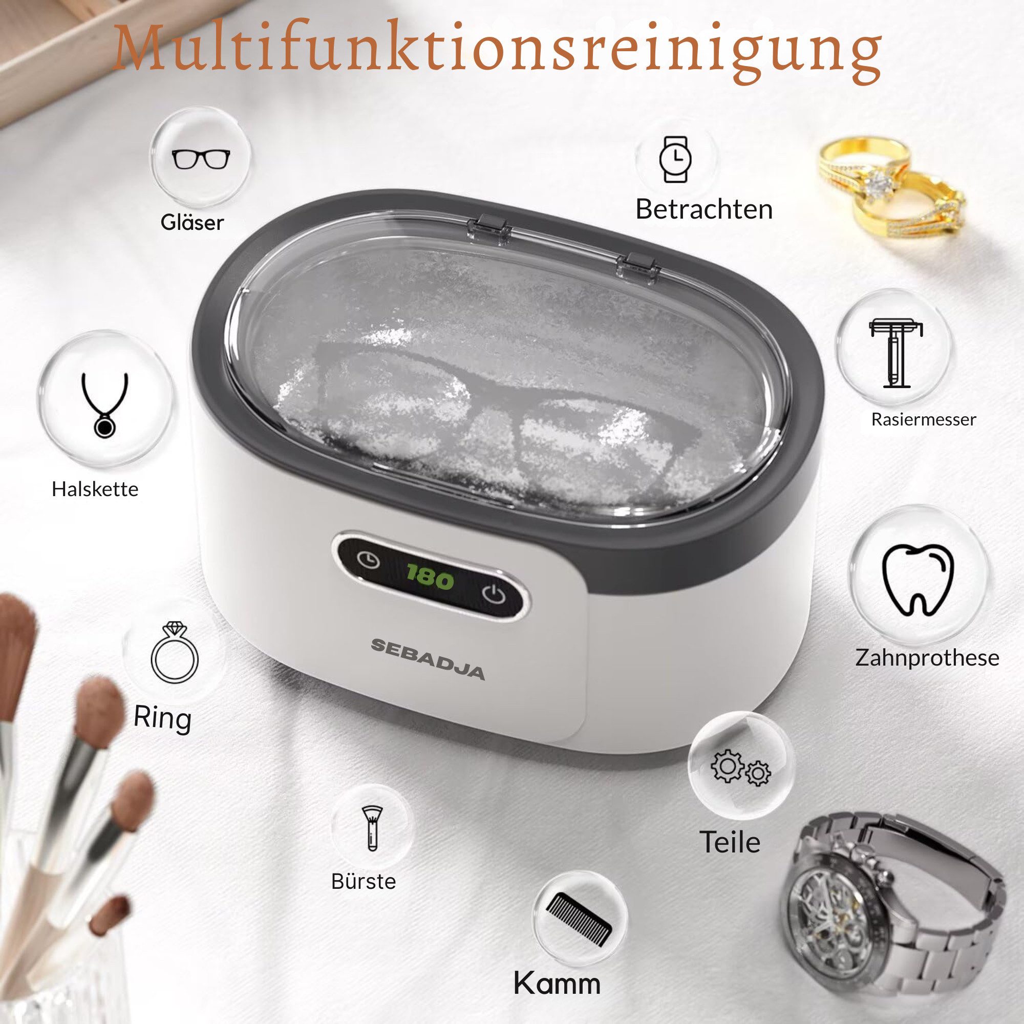 Vivitar Ultraschallreiniger Schmuckreiniger-Ultraschallmaschine für Brillen, Zahnersatz, 5 Reinigungsmodi, einfach zu bedienen und leise, tragbar – Bild 4 von 5
