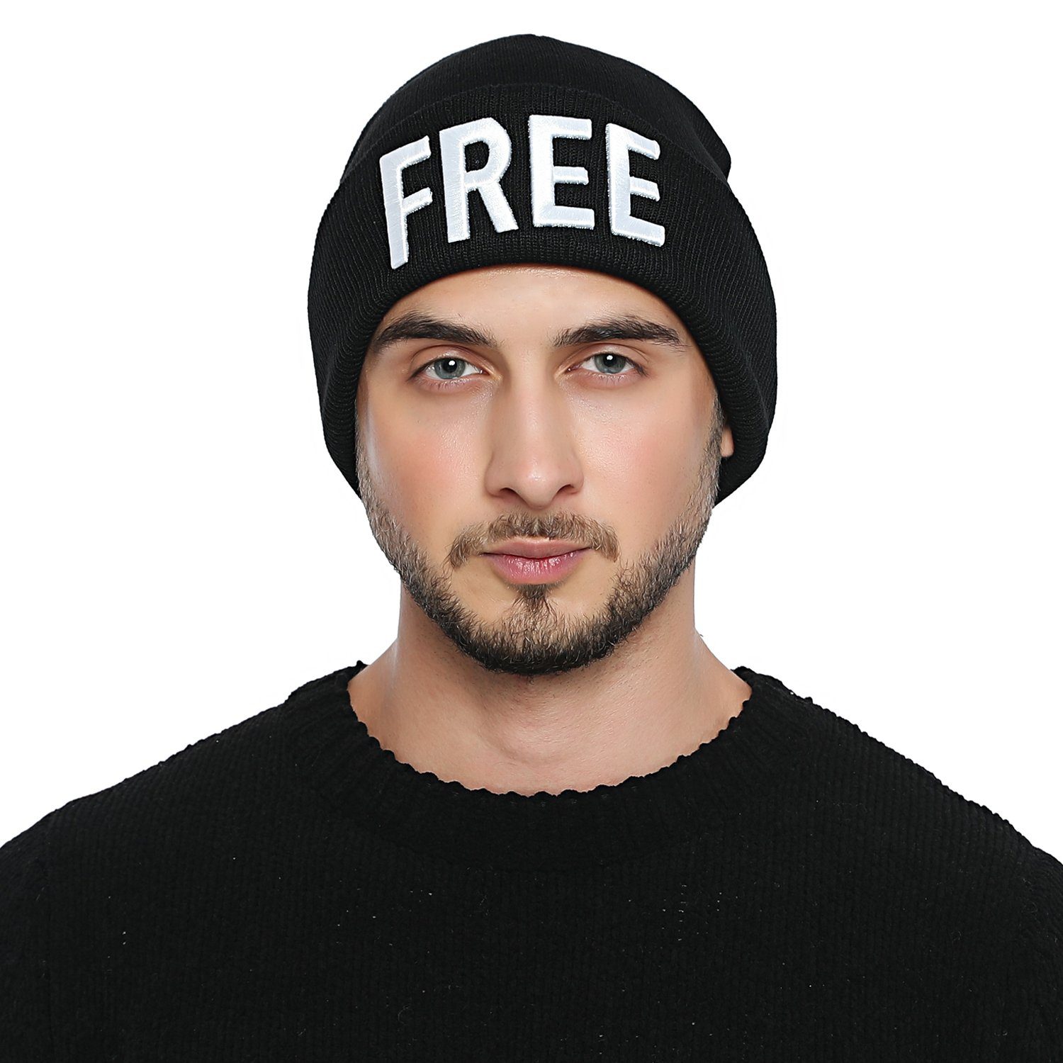 "FREE" mit (Packung, Winter Statement-Print, DonDon stylische Wintermütze, mit coolem Krempe Strickmütze schwarz Beanie Herren Beanie 1-St) -