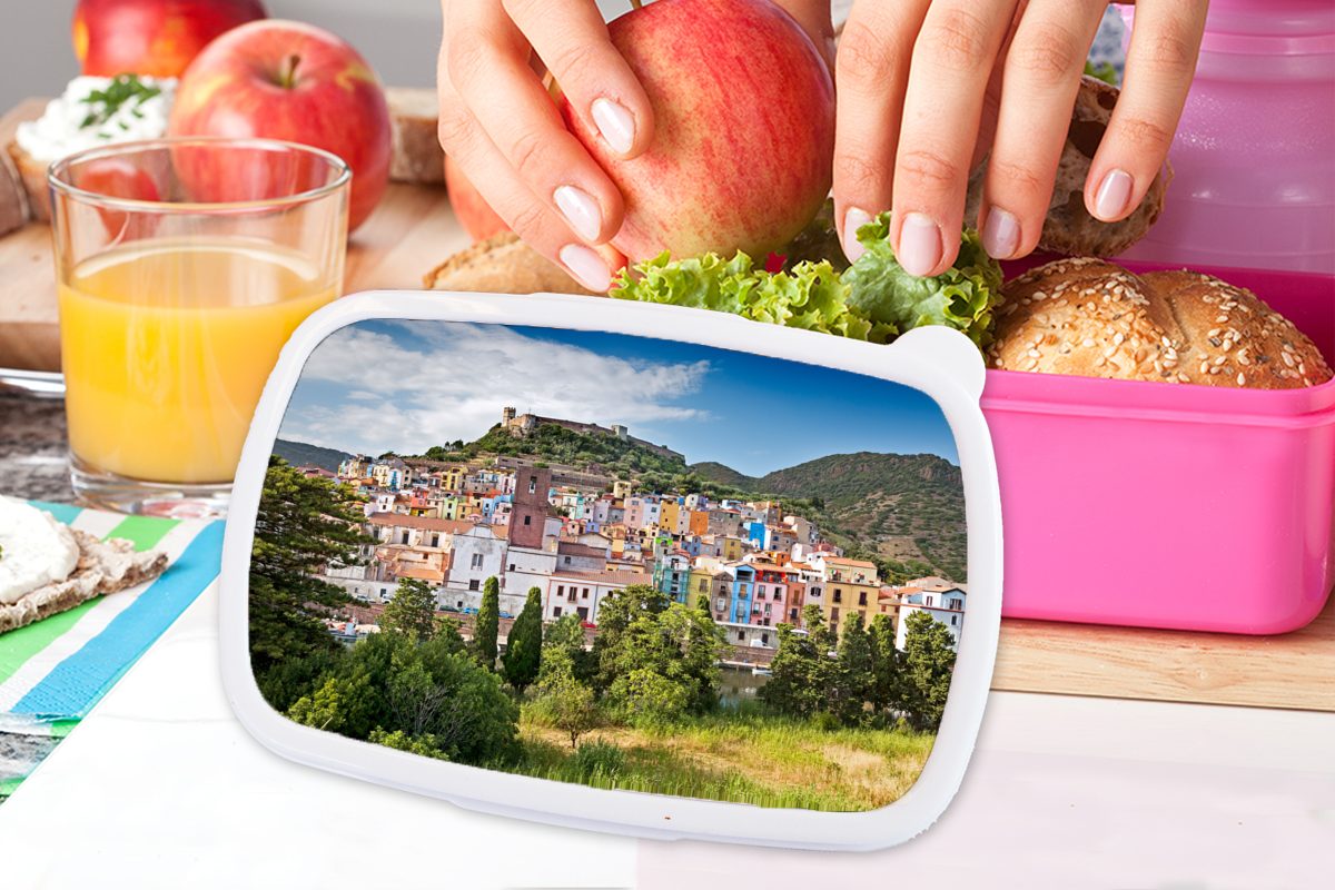 Kinder, Blick Kunststoff, auf auf Lunchbox Kunststoff MuchoWow Brotdose Mädchen, Snackbox, Brotbox Erwachsene, rosa bunte für die (2-tlg), Sardinien, Der Stadt