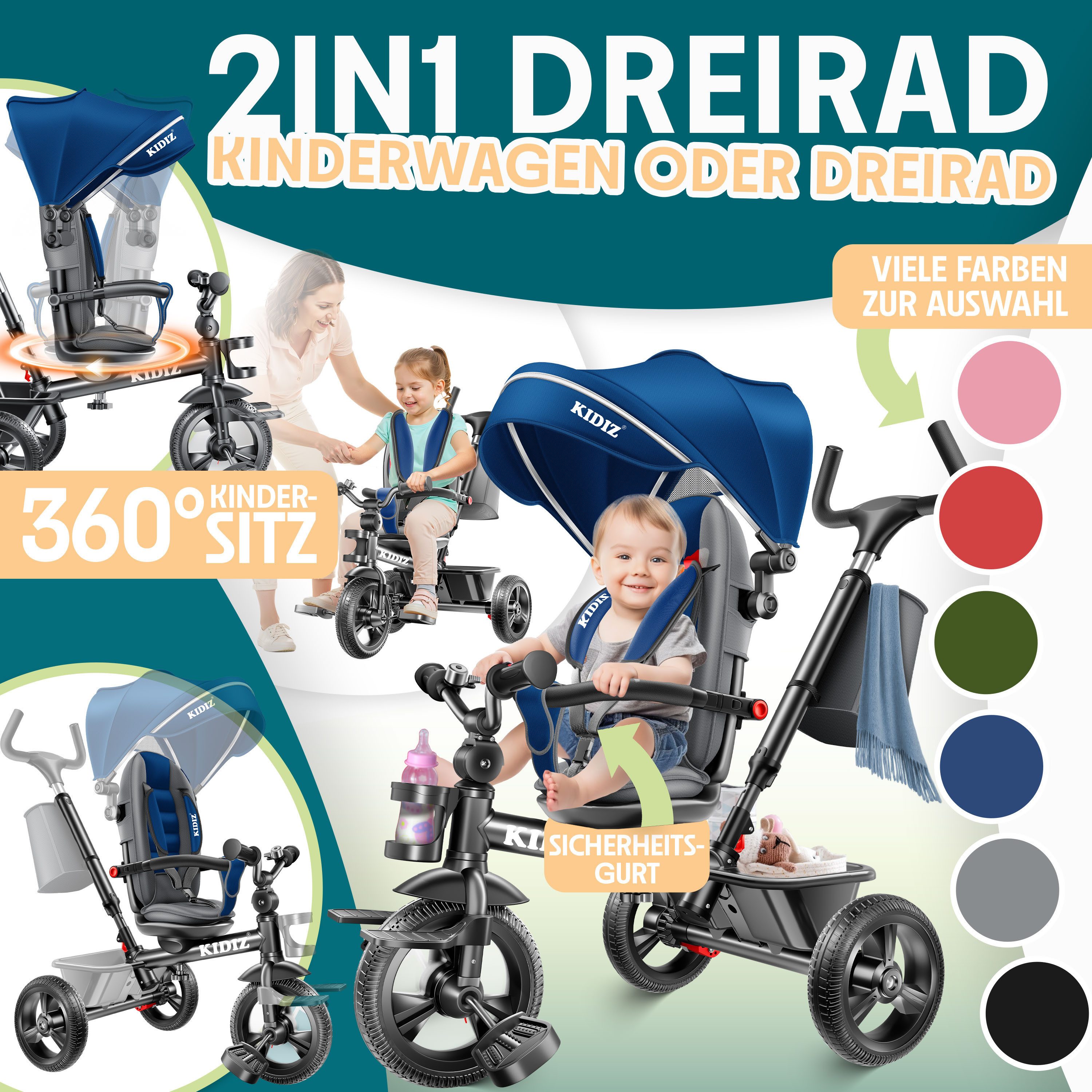 KIDIZ Dreirad, Dreirad 5in1 Kinderdreirad mit Schubstange Lenksystem Stange