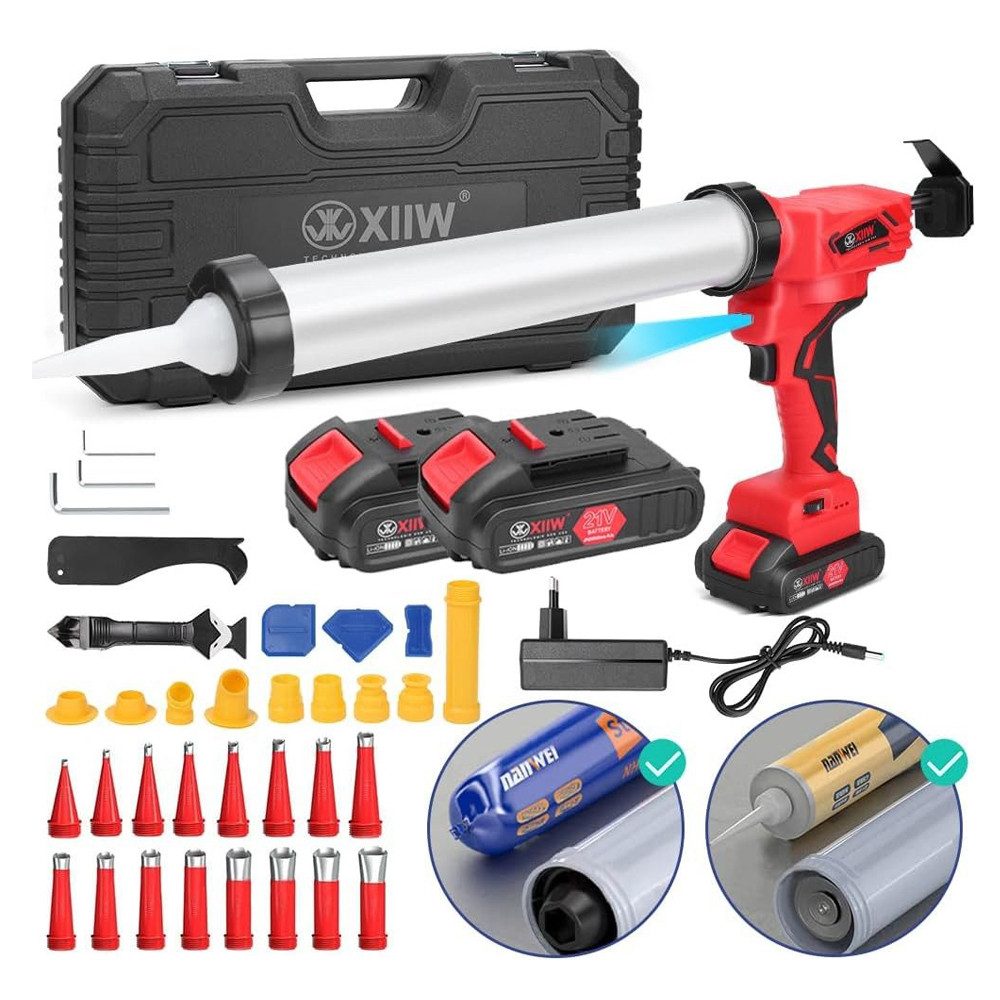 XERSEK Akku-Kartuschenpistole Elektrische Kartuschenpresse Silikonspritze mit 2 Akku (21V 2 Ah), (7840N mit LED, 16X Dichtungsdüse, 6X Ersatzbasis, 38-tlg., 0-32 mm/s, 6-Geschwindigkeit, für 600ml Wurst), 310ml Patrone