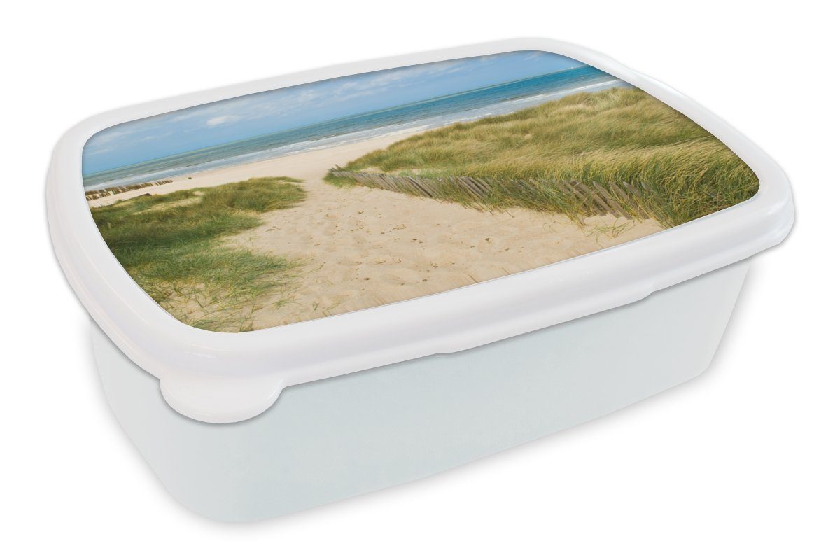 MuchoWow Lunchbox Strand - Meer - Düne - Belgien, Kunststoff, (2-tlg), Brotbox für Kinder und Erwachsene, Brotdose, für Jungs und Mädchen weiß