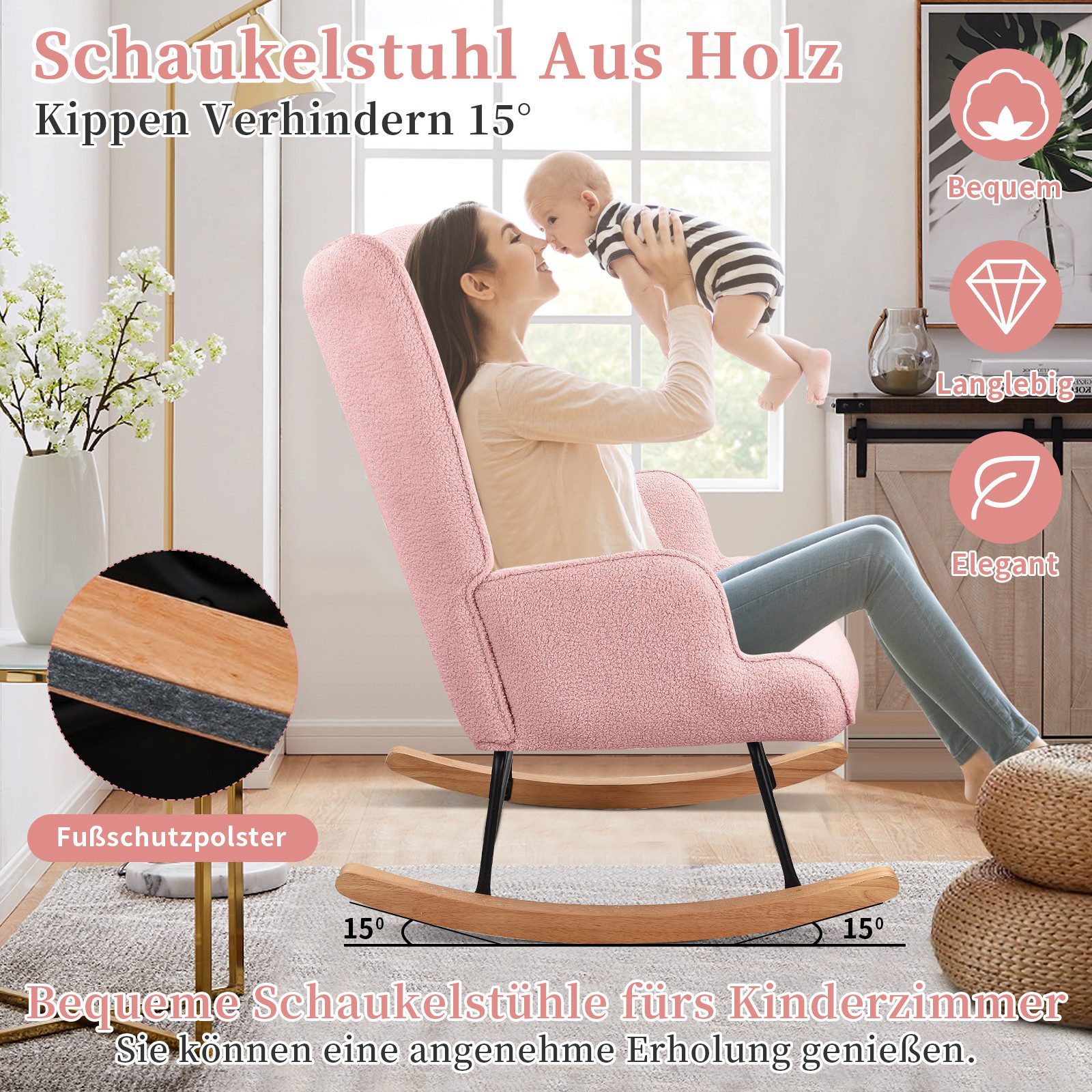 SEEZSSA Schaukelstuhl Schaukelstuhl Stillsessel Relaxsessel Schaukelsessel, Mit Holzkufen Wohnzimmersessel für Schlafzimmer Kinderzimmer – Bild 3 von 5