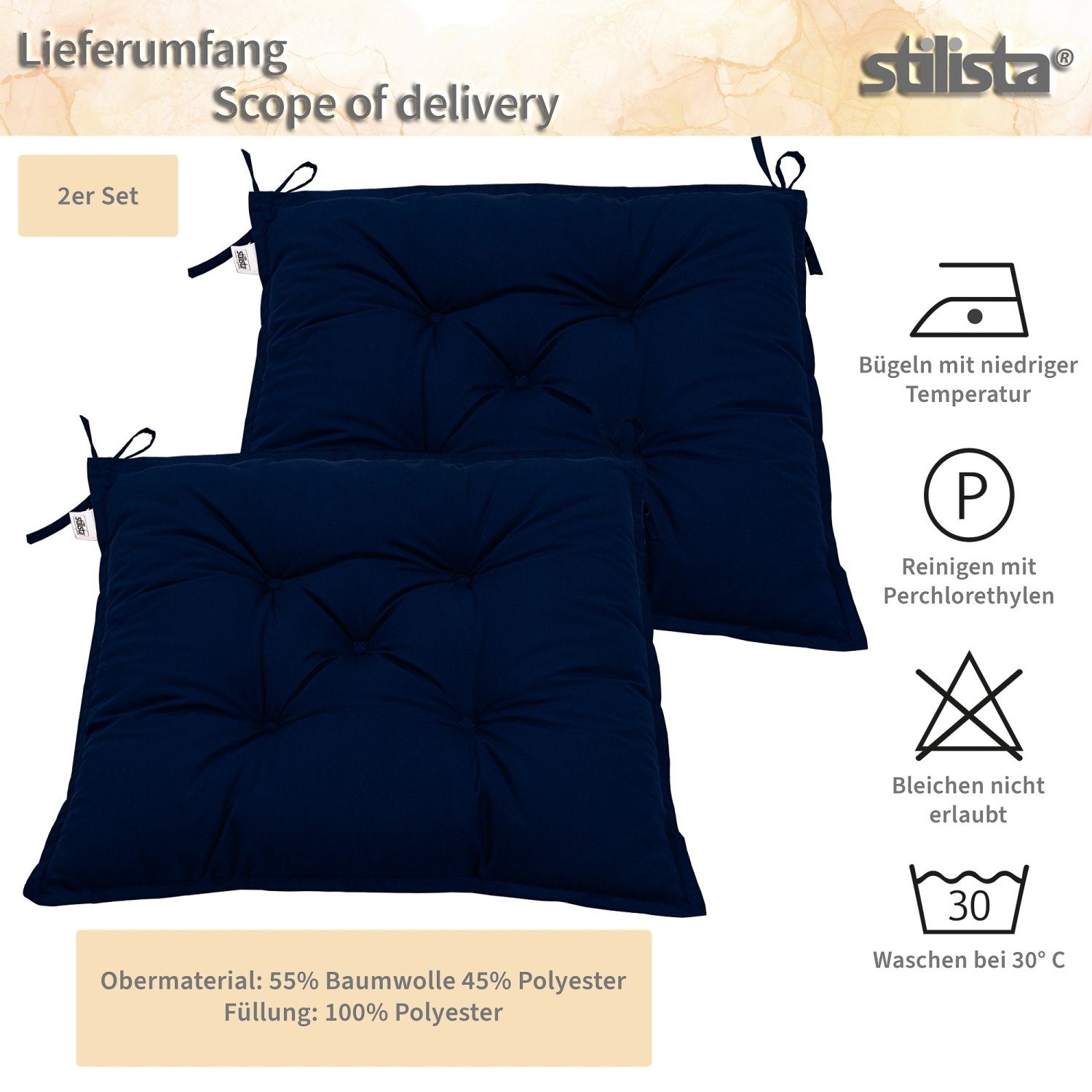 Farbauswahl Indoor Blau Set, Sitzkissen Outdoor, und Sitzpolster, cm, Stuhlkissen Stuhlauflage 40 8 Sitzauflagen x x 2er 40 Viscoeffekt, STILISTA