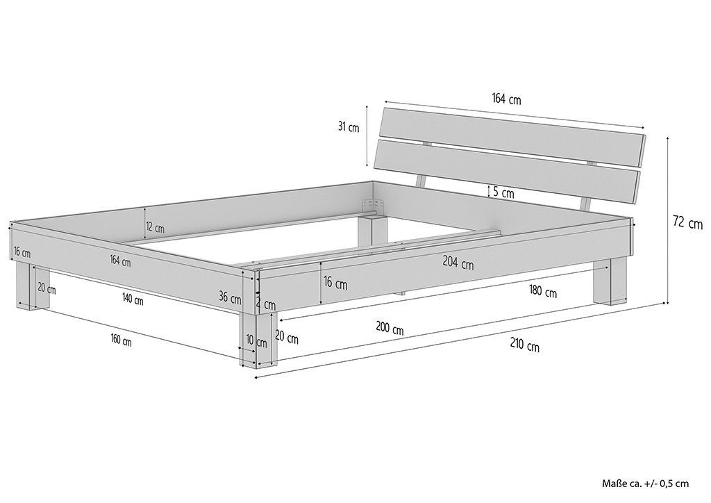 ERST-HOLZ Bett Futonbett Doppelbett Kopfteil, Buchegeölt natur Buche massiv Ehebett 160x200