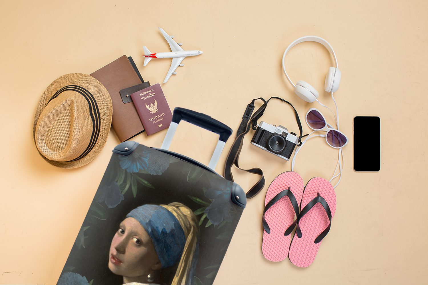 Ferien, mit Handgepäck für MuchoWow 4 Reisekoffer Handgepäckkoffer Mädchen mit Rollen, rollen, Blumen Trolley, - Vermeer Blau, - - Reisetasche Perlenohrring