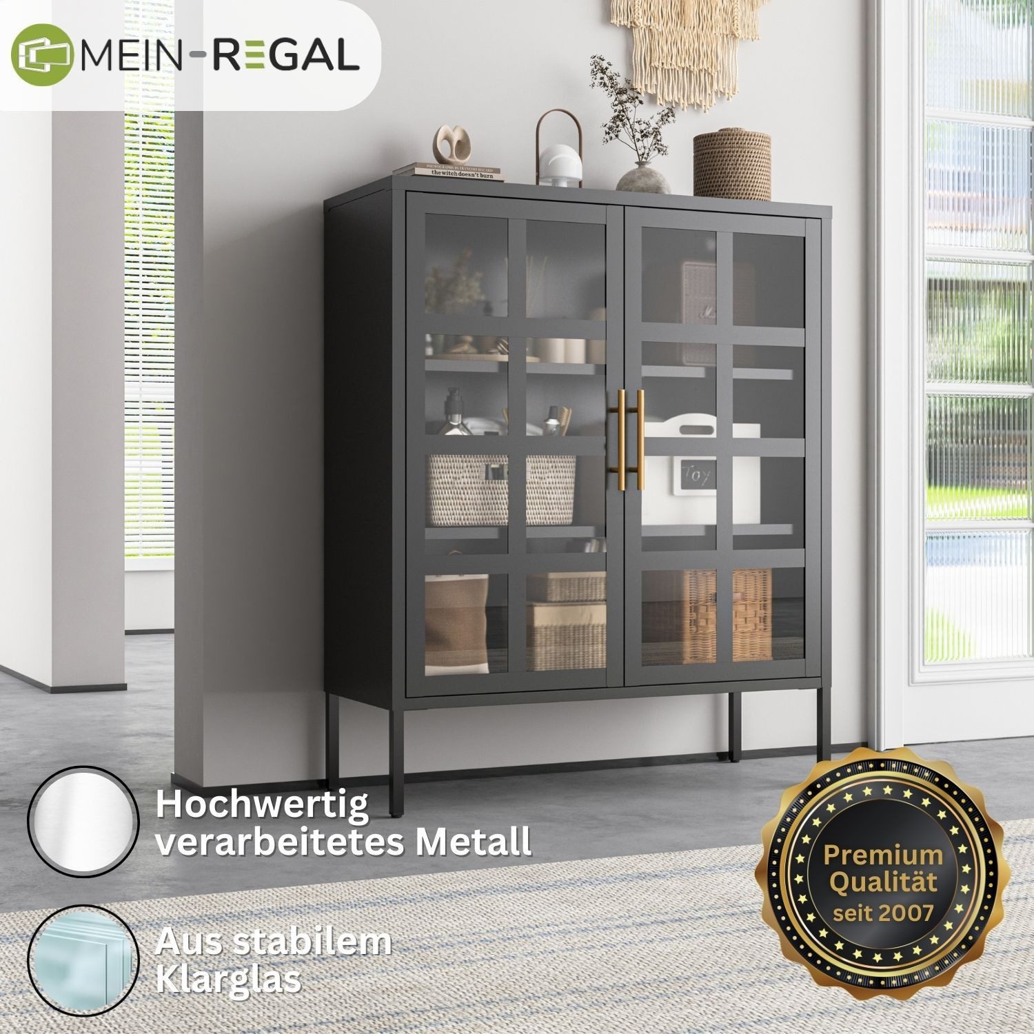 Mein-Regal Highboard GLASGOW, Schwarz Schrank Metall Vitrine Glastüren, Einlegeböden, Breite 90 cm