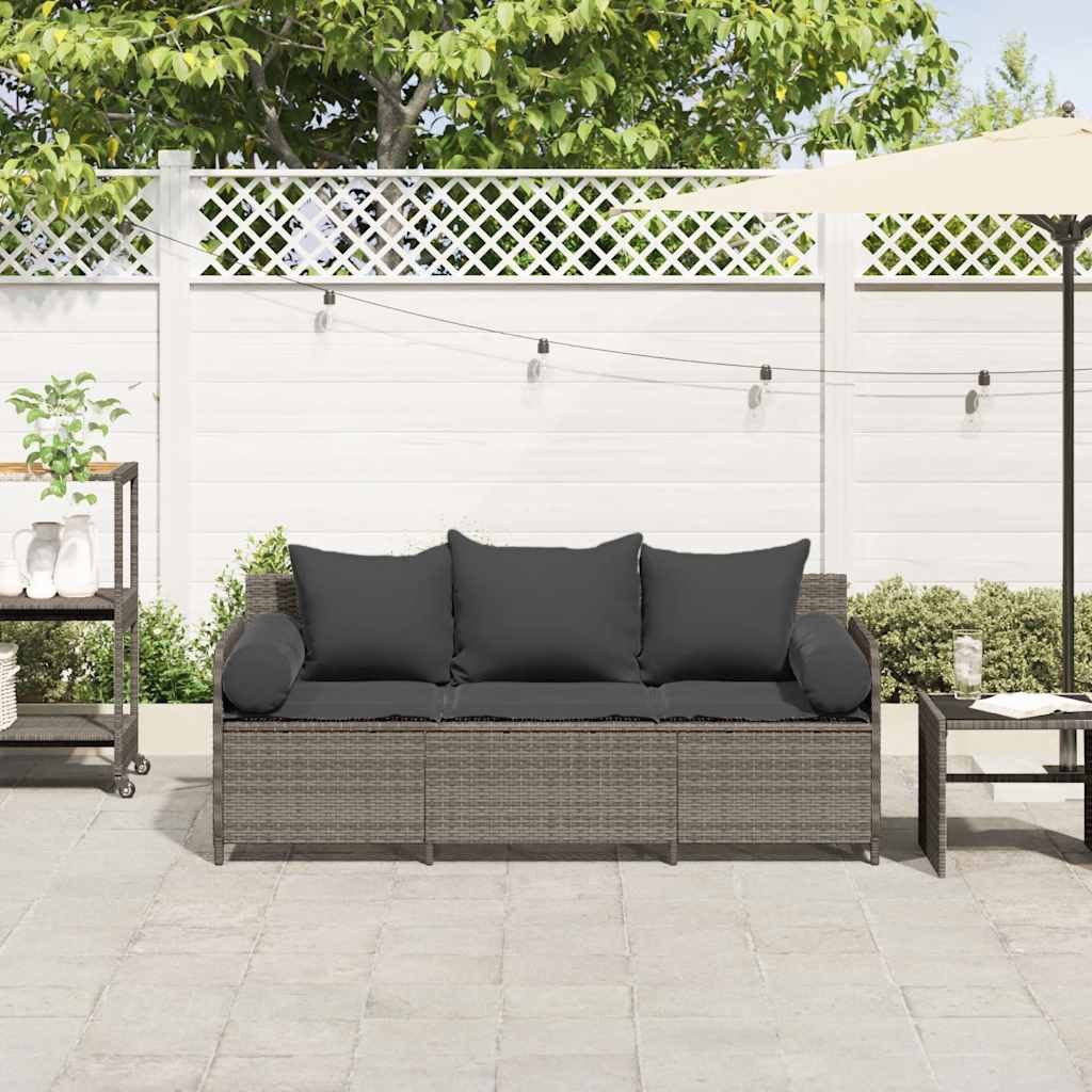 vidaXL Loungesofa Gartensofa mit Kissen 3-Sitzer Grau Poly Rattan, 1 Teile